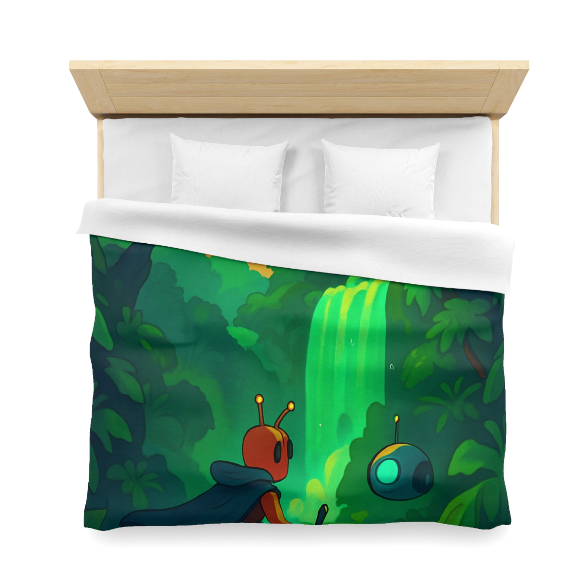 Housse de couette vibrante avec paysage extraterrestre mystérieux et personnage aventurier