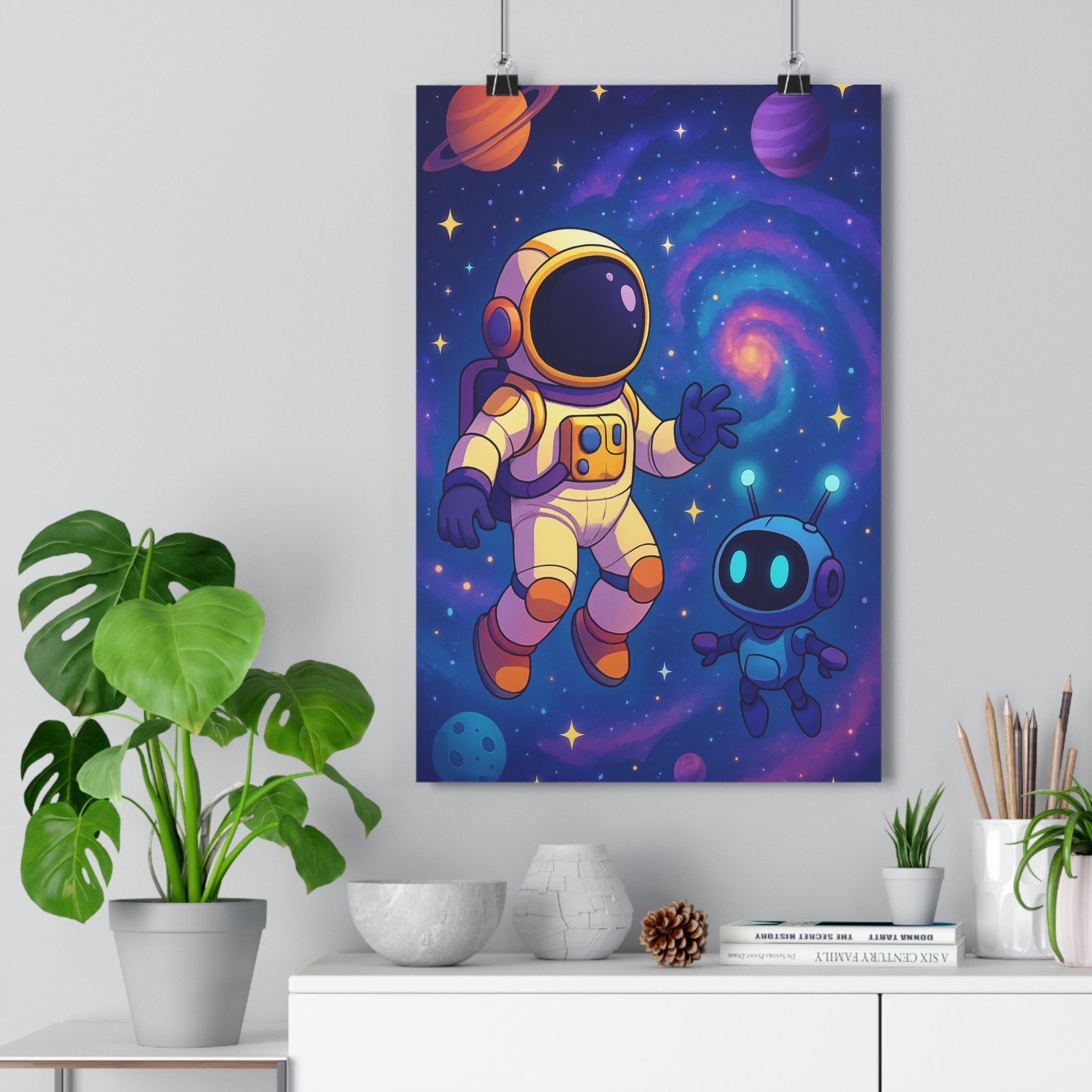 Poster décoratif sciencefiction animé bleu violet orange aventure chambre enfant galaxie astronaute robot étoiles