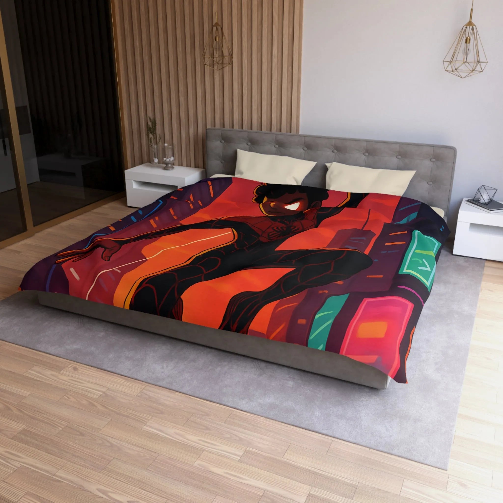 Housse de couette avec super-héros suspendu devant un coucher de soleil urbain vibrant