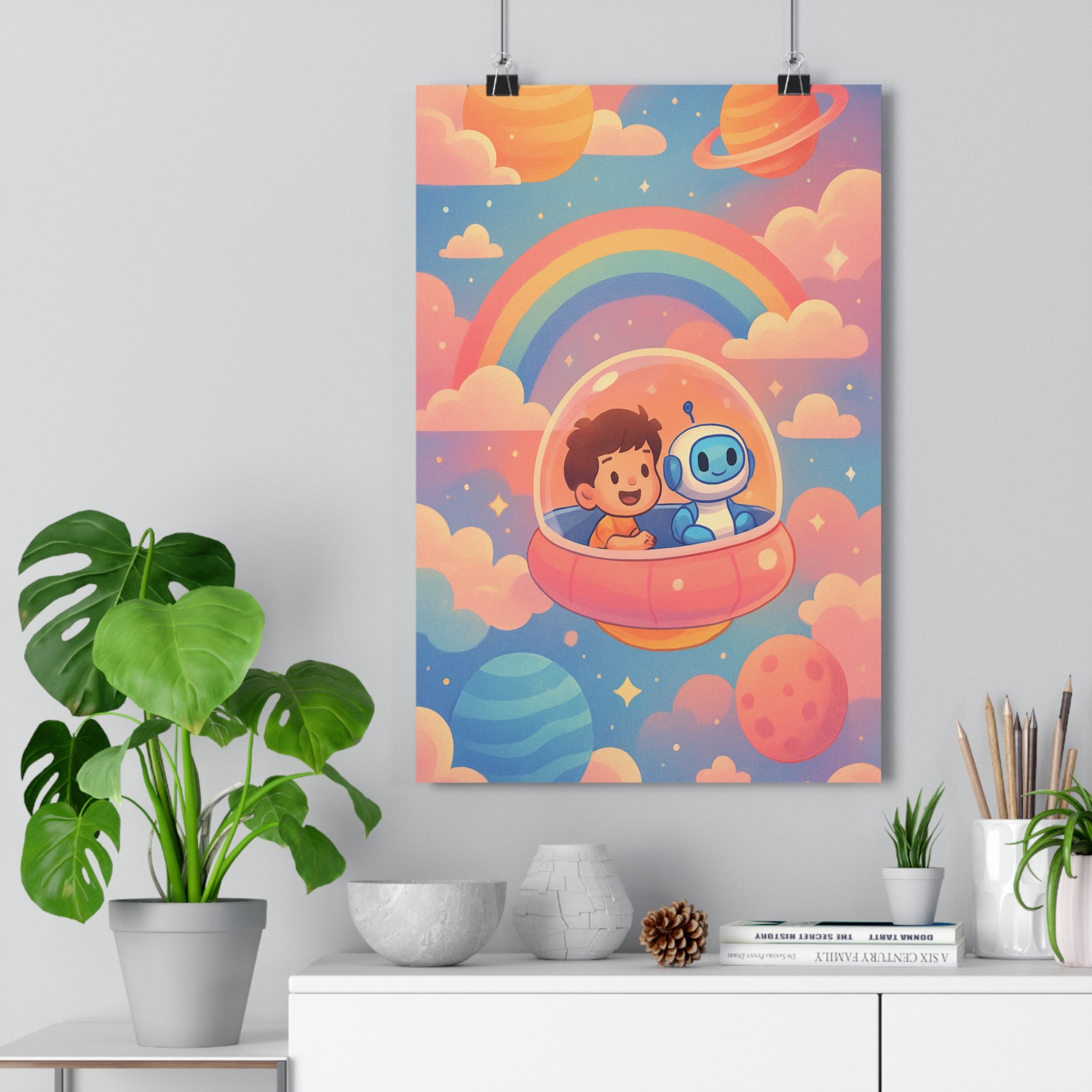 Poster décoratif aventure onirique pastel enfant robot planète coloré cartoon voyage rêveur chambre mural