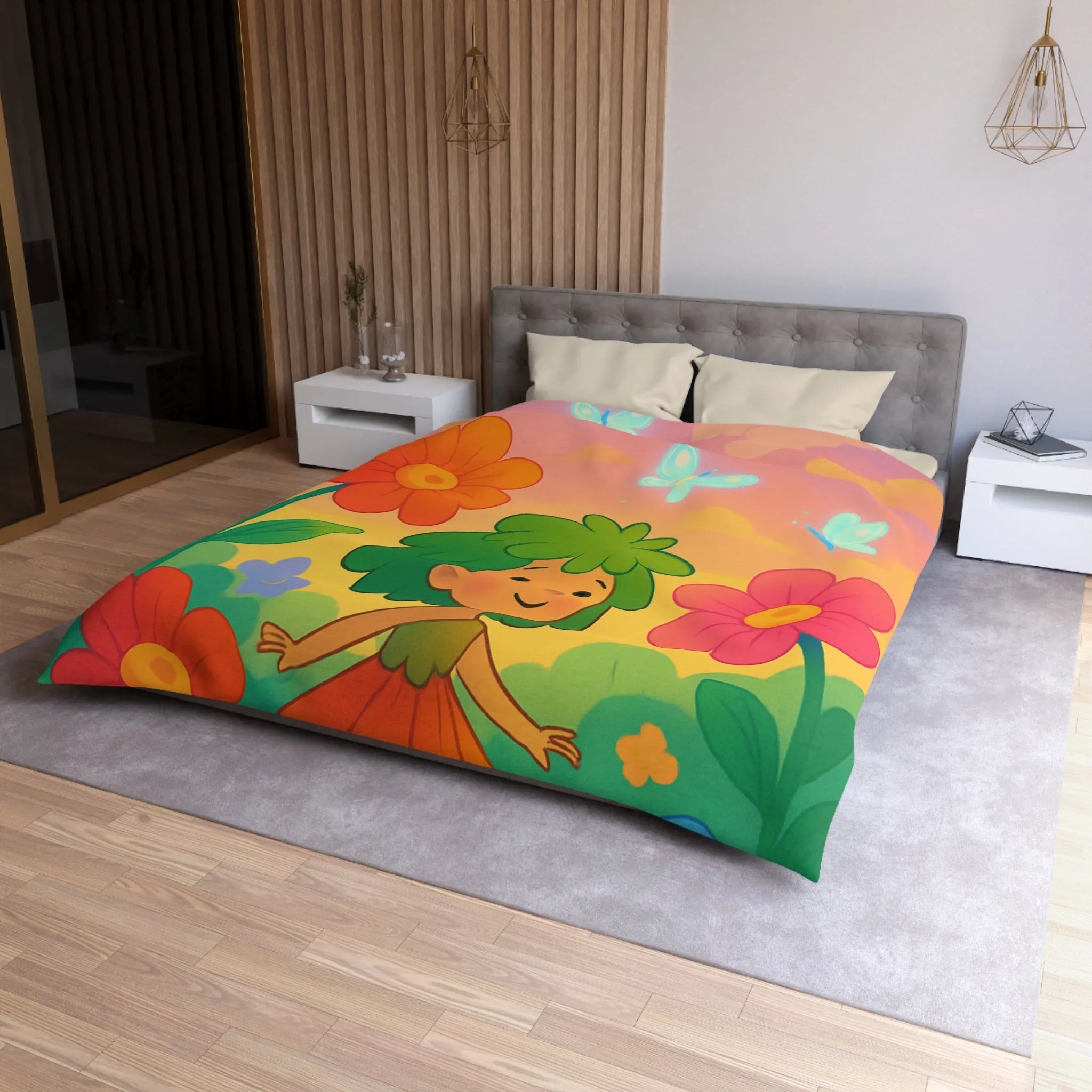 Enchantement floral coloré avec nuages et papillons parfait pour chambre d'enfant rêveuse