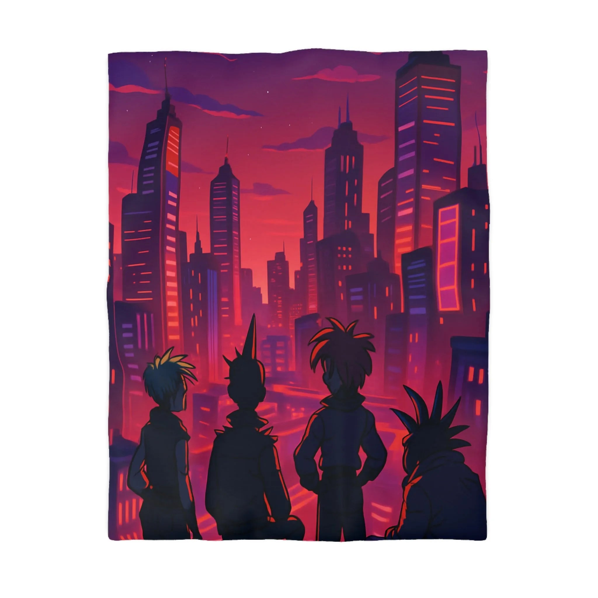 Housse de couette colorée urbaine style rétro avec personnages devant une ville cyberpunk