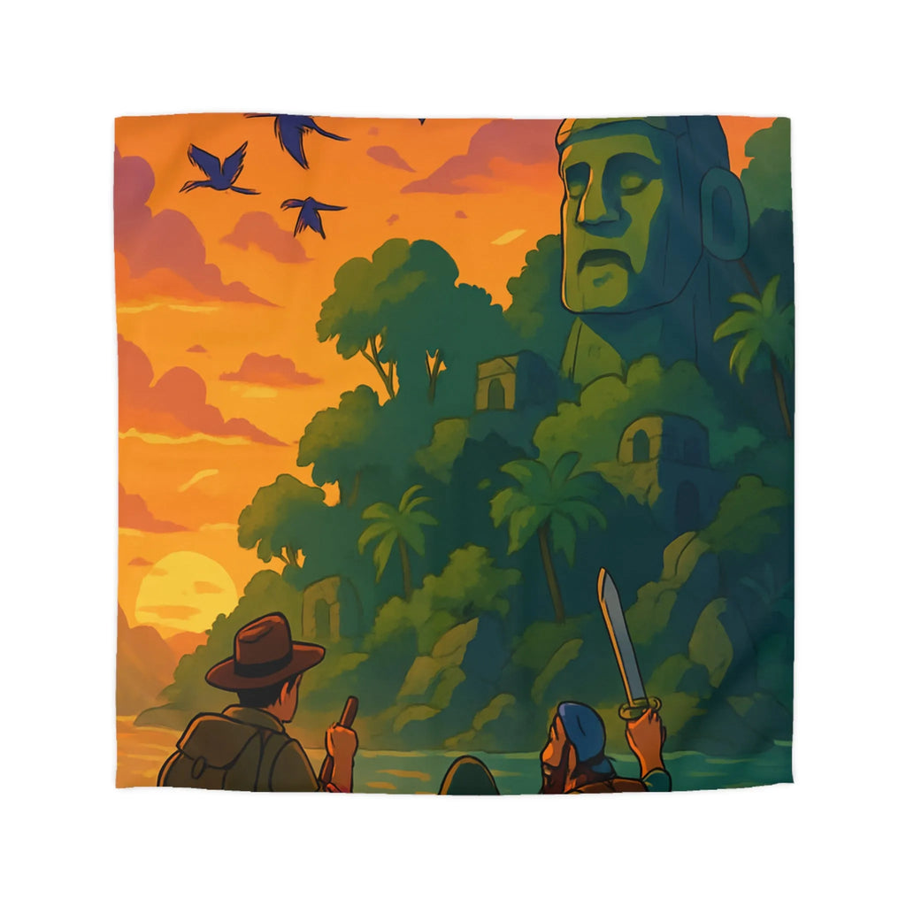 Housse de couette aventureuse avec scène tropicale au coucher du soleil et ruines mystérieuses