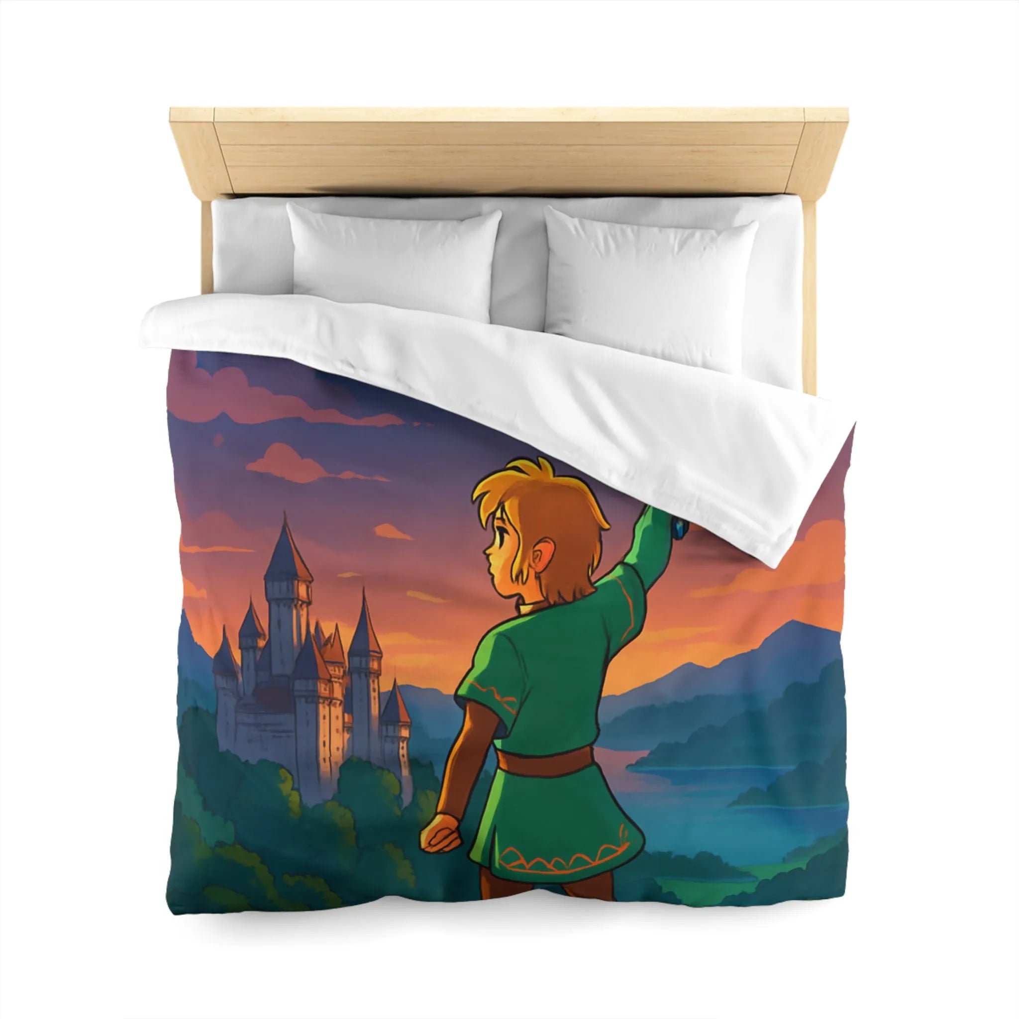 Housse de Couette Fantasy avec Épée, Château et Oiseau au Coucher de Soleil