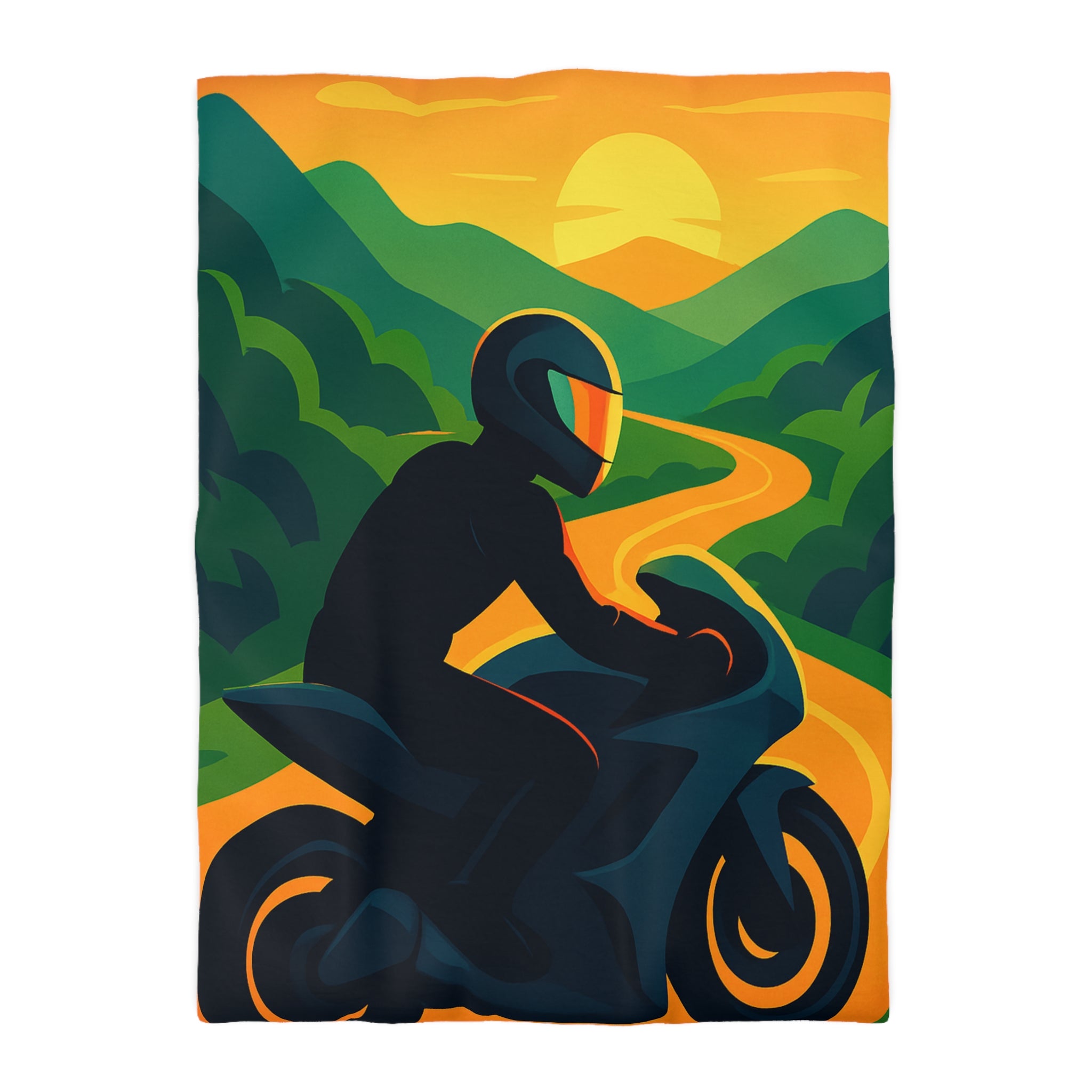 Housse de couette moto route sinueuse coucher de soleil horizon montagne vibrante