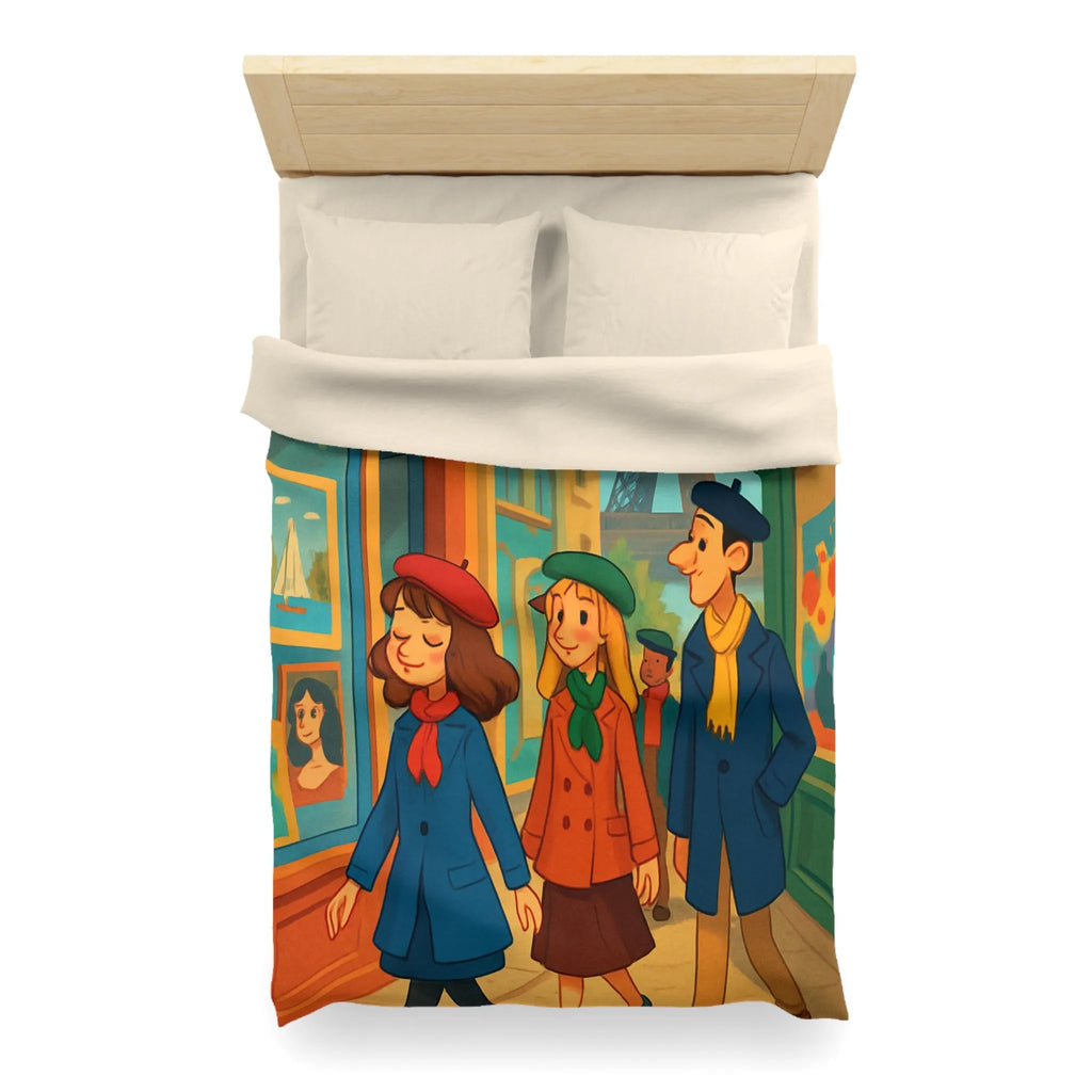 Housse de couette illustrée Paris promenade style rétro avec amis et Tour Eiffel