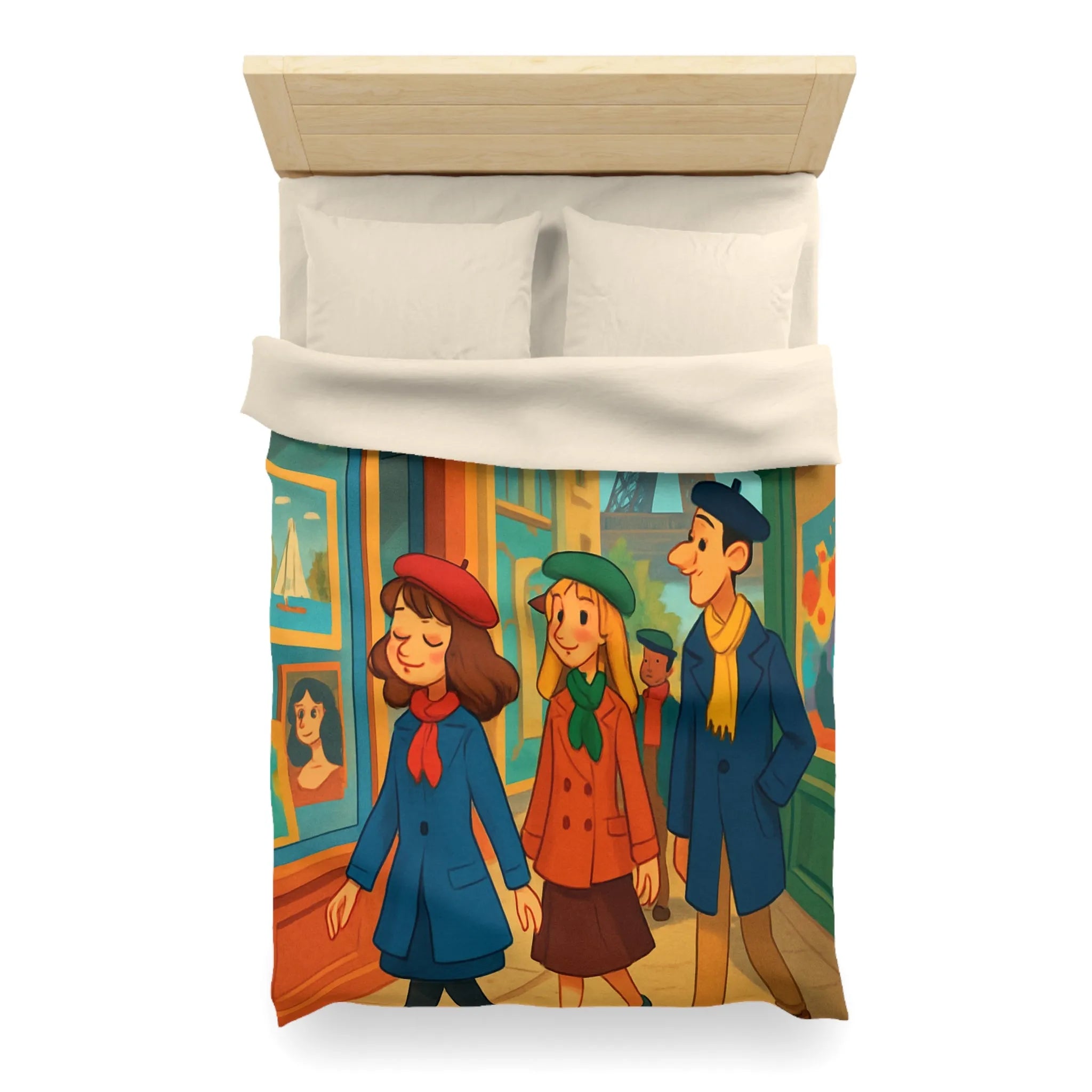 Housse de couette illustrée Paris promenade style rétro avec amis et Tour Eiffel