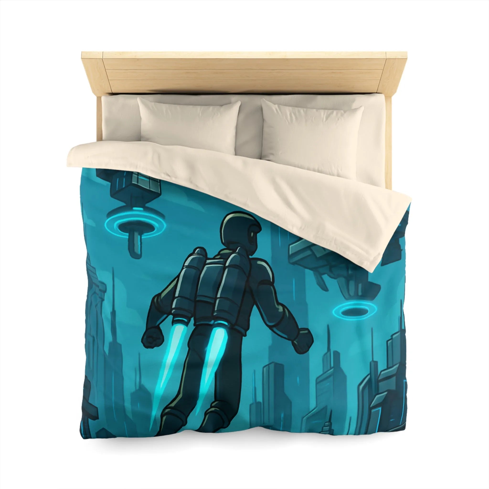 Housse de Couette Futuriste avec Ville Céleste et Homme en Jetpack Néon Bleu