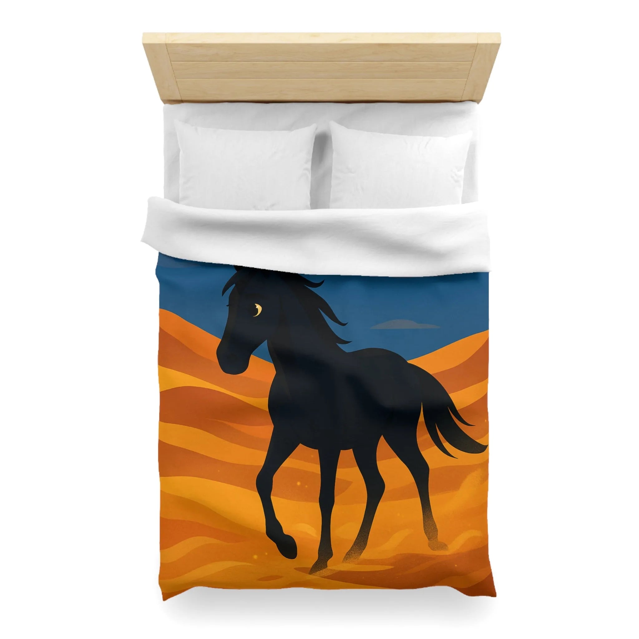 Housse de couette cheval noir galopant sur dunes dorées au crépuscule paisible
