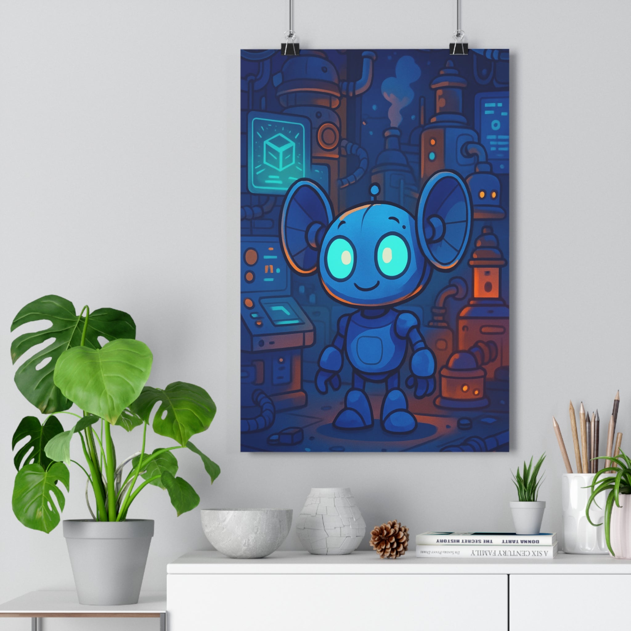 Poster décoratif animé robot futuriste bleu orange chambre enfant bureau créatif technologie moderne format