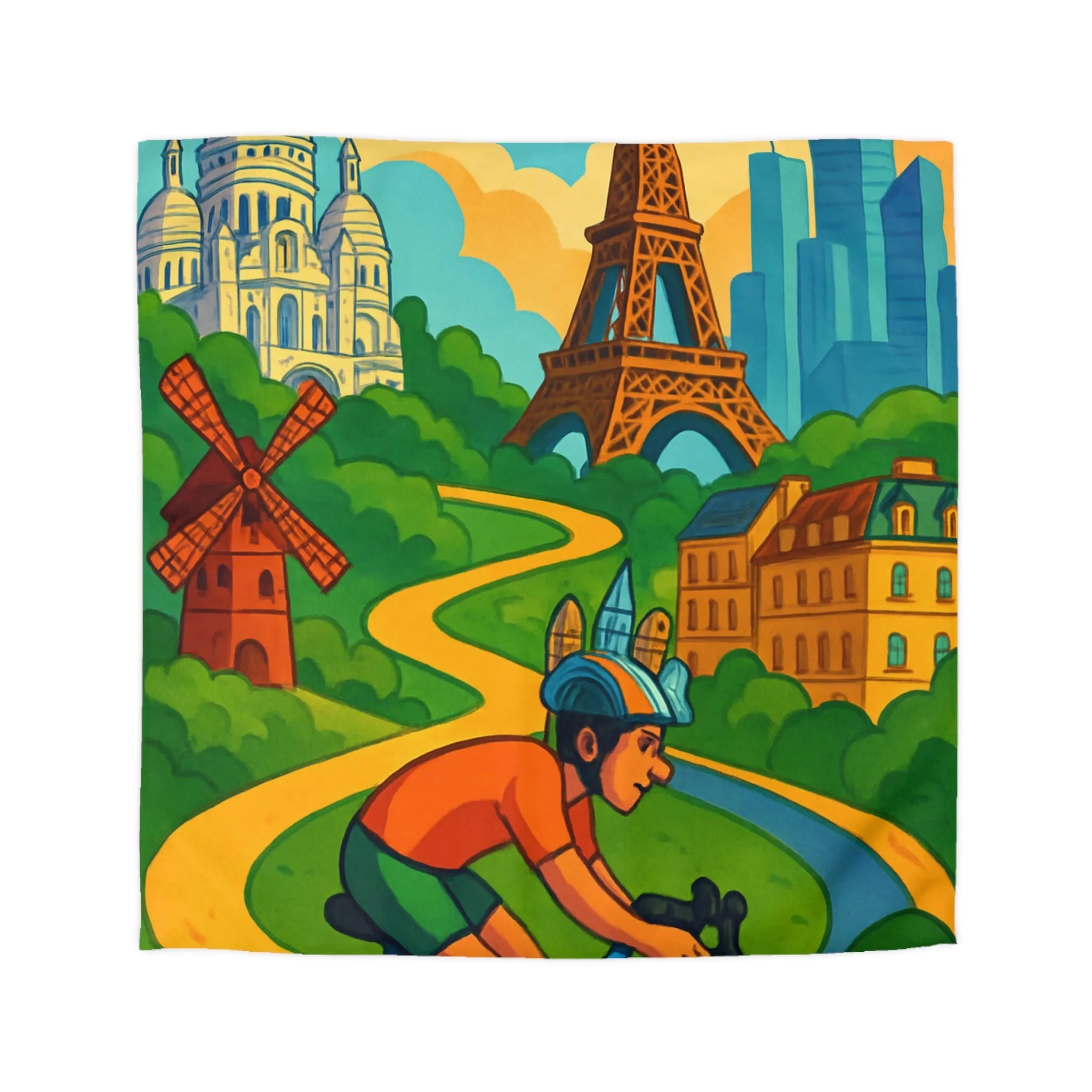"Housse de Couette Parisienne Cycliste avec Tour Eiffel et Monuments Colorés Décorative"