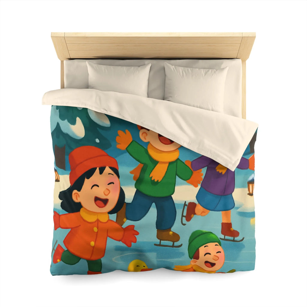 Housse de couette hiver joyeuse avec enfants et petits canards patinant sur glace