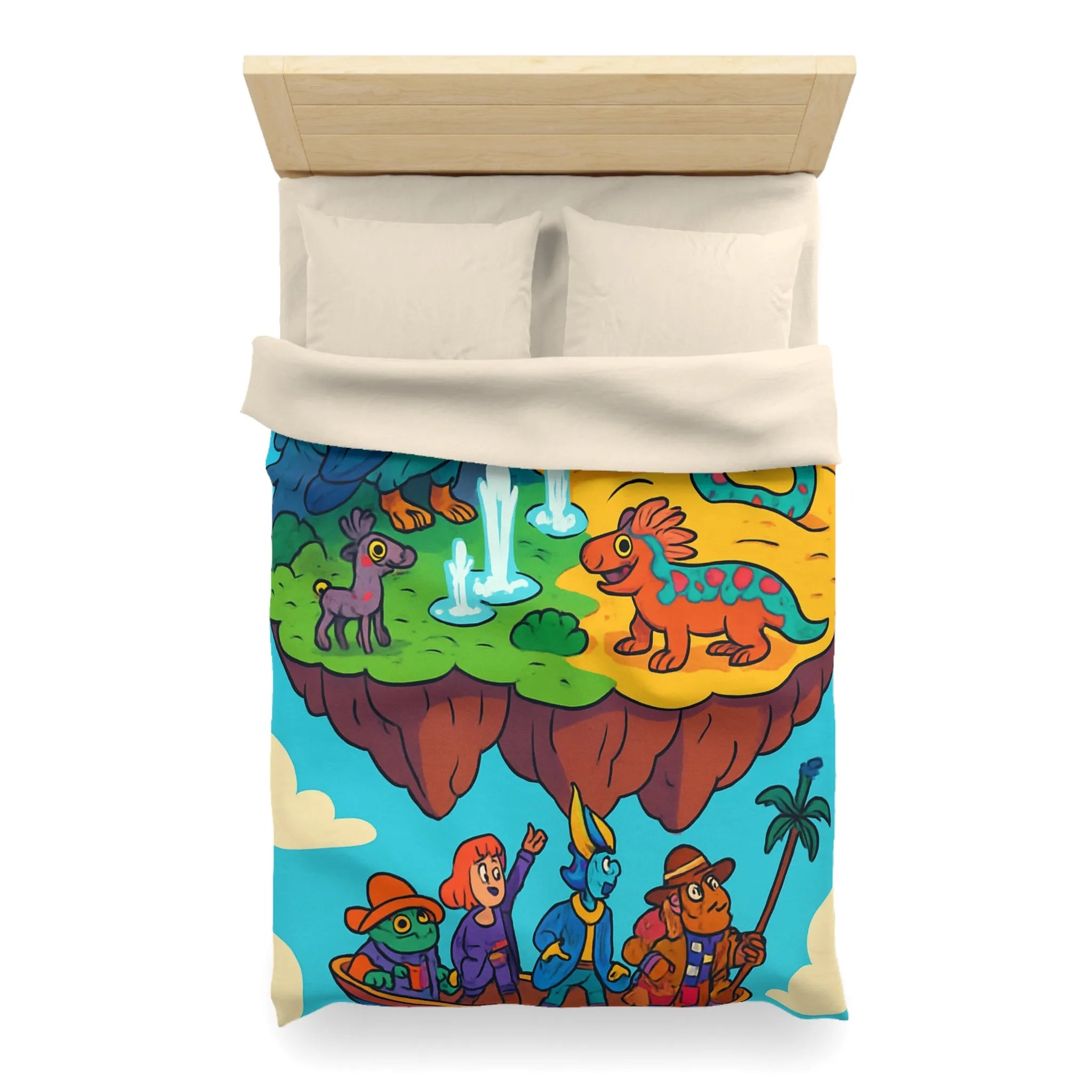Housse de couette fantaisie avec animaux colorés sur une île flottante magique