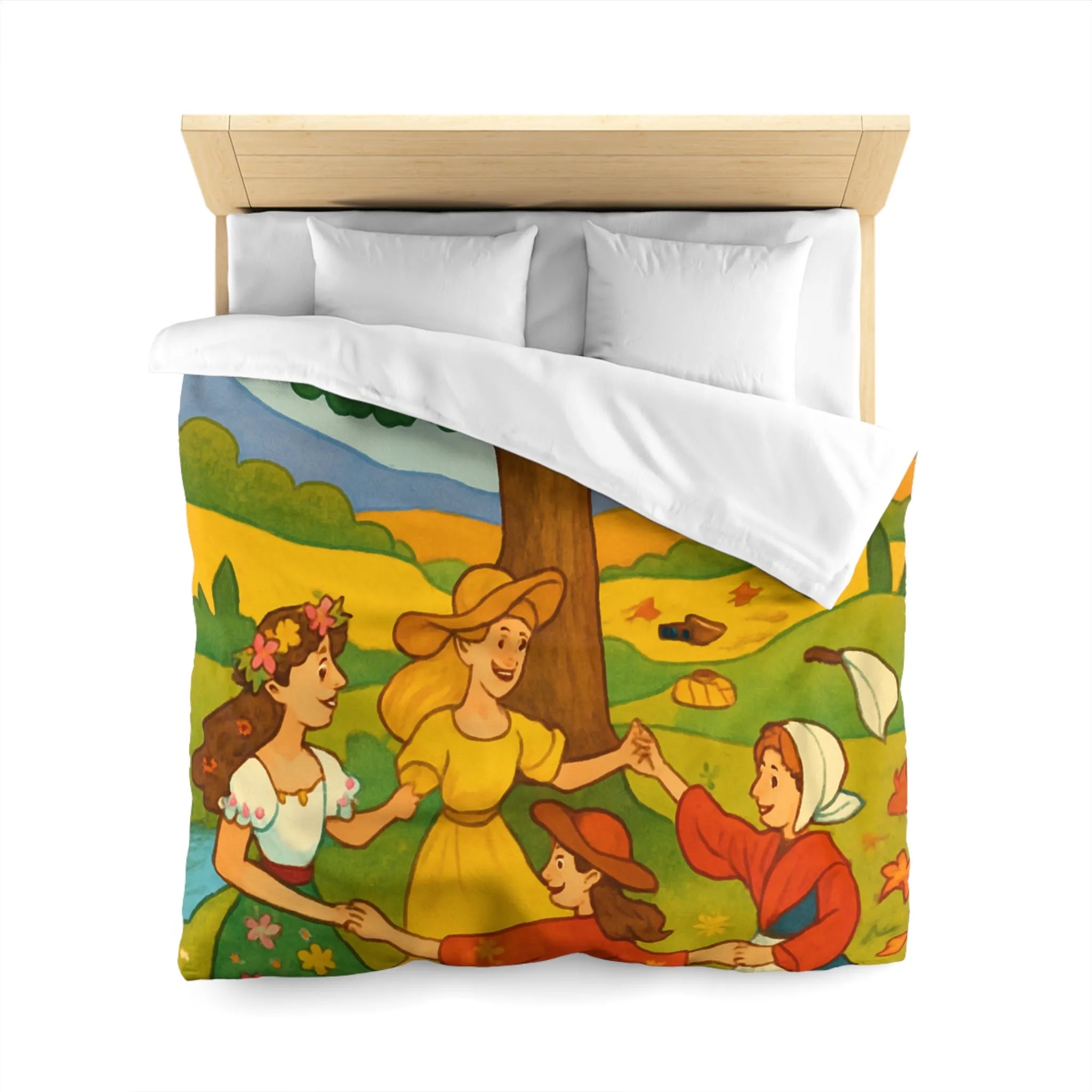 Housse de couette champêtre aux motifs de danseuses rondes et paysage bucolique coloré