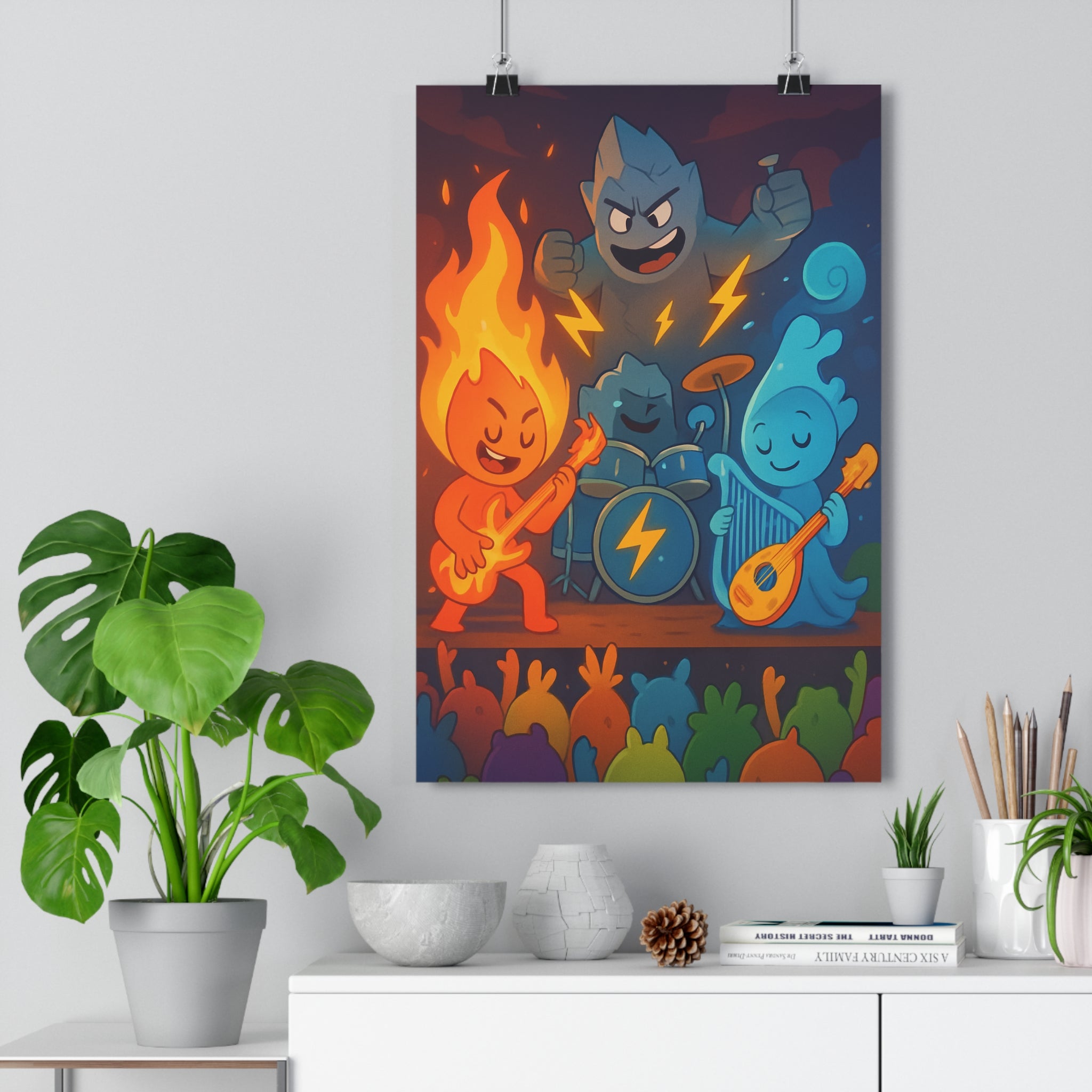 Poster décoratif joyeux créature élémentaire rouge bleu orange musique salon chambre moderne vibrant ambiance