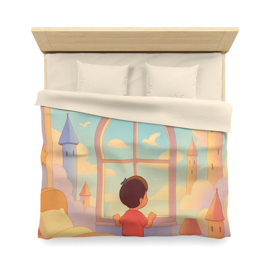 Housse de couette rêveuse enfantine avec nuages, dirigeables et oiseaux volants paisibles