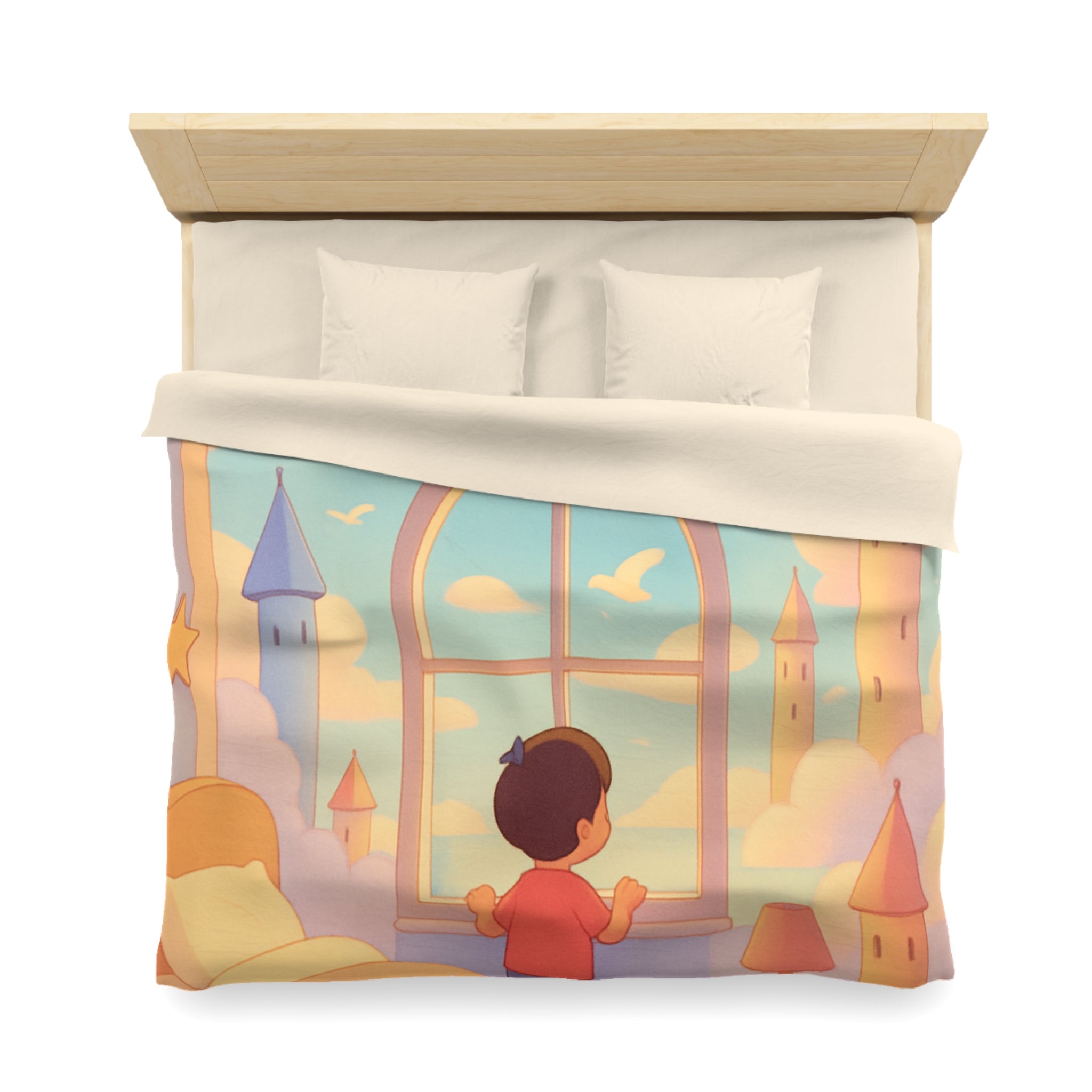 Housse de couette rêveuse enfantine avec nuages, dirigeables et oiseaux volants paisibles