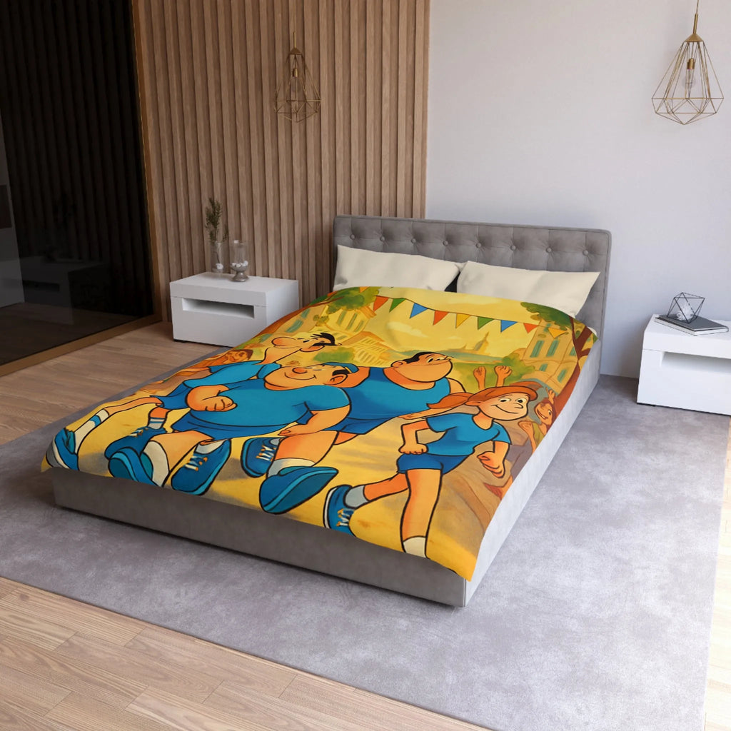 Housse de couette colorée avec personnages marchant joyeusement dans une rue animée