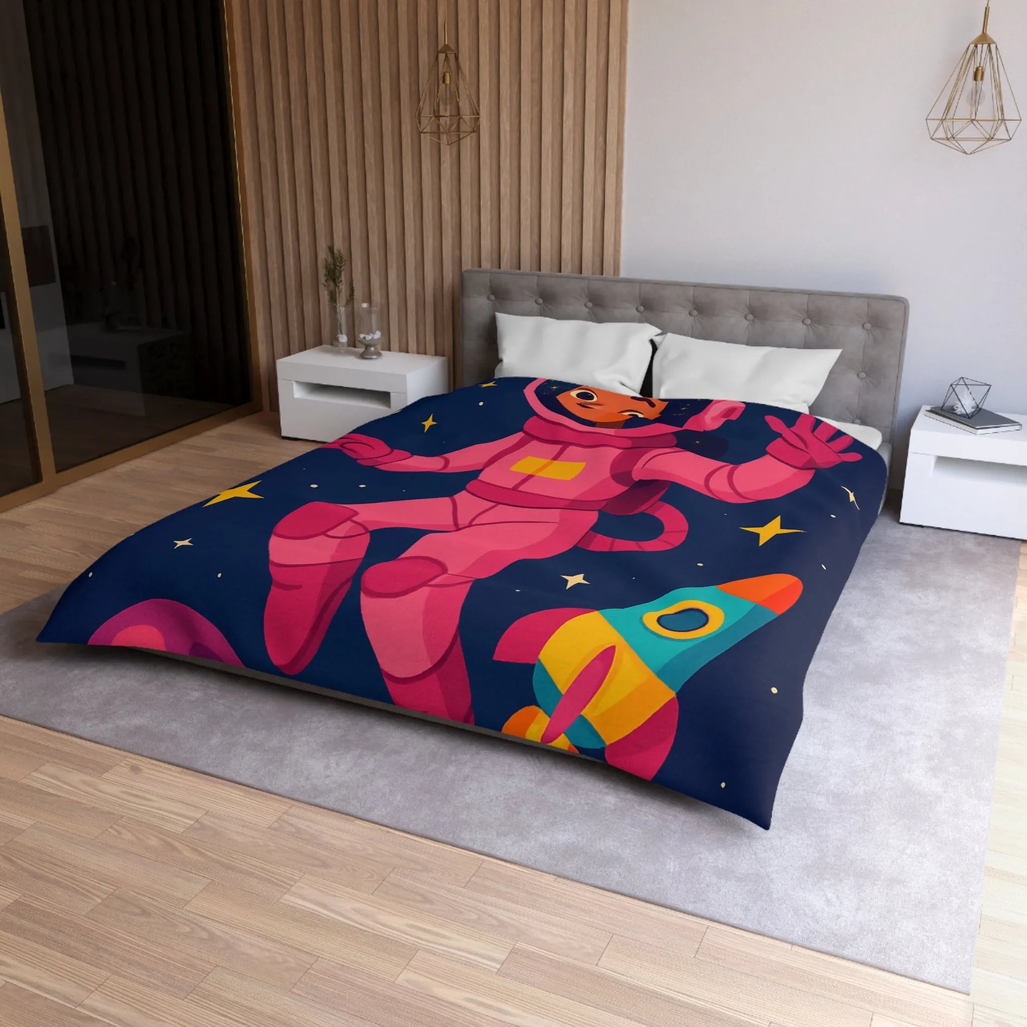 Housse de couette enfant avec astronaute rose et planètes colorées en fond spatial