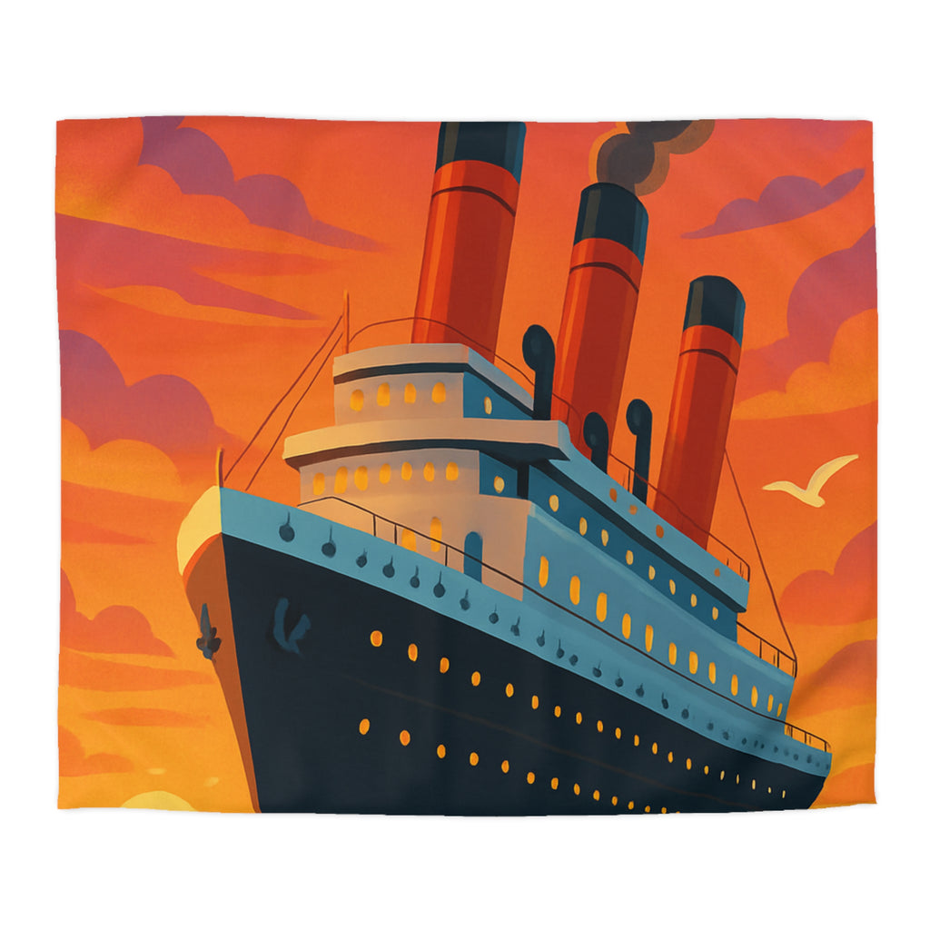 Superbe housse de couette avec paquebot vintage sous un coucher de soleil flamboyant