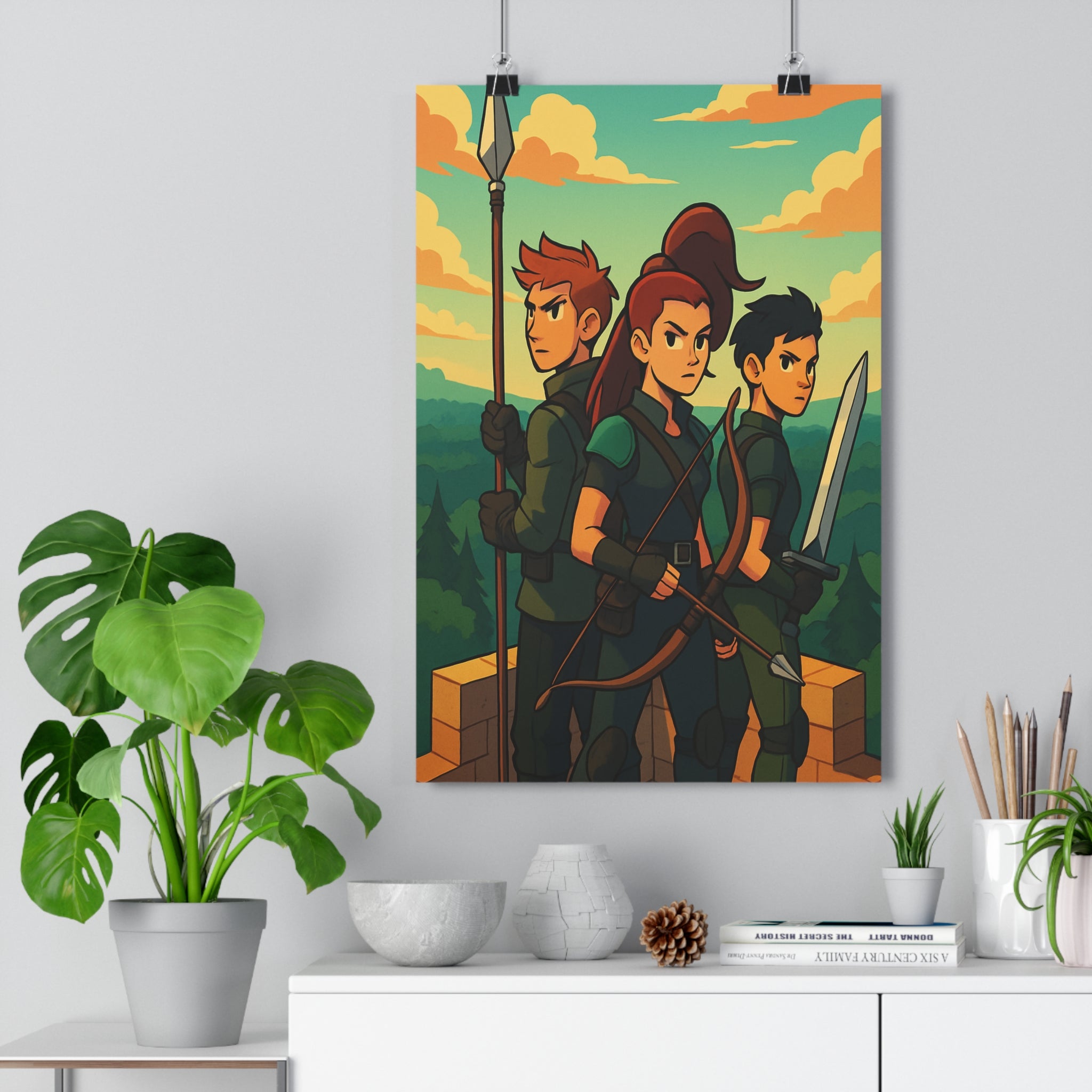 Poster décoratif animé vibrant bleu orange aventure héros salon épée arc lance dynamique dramatique