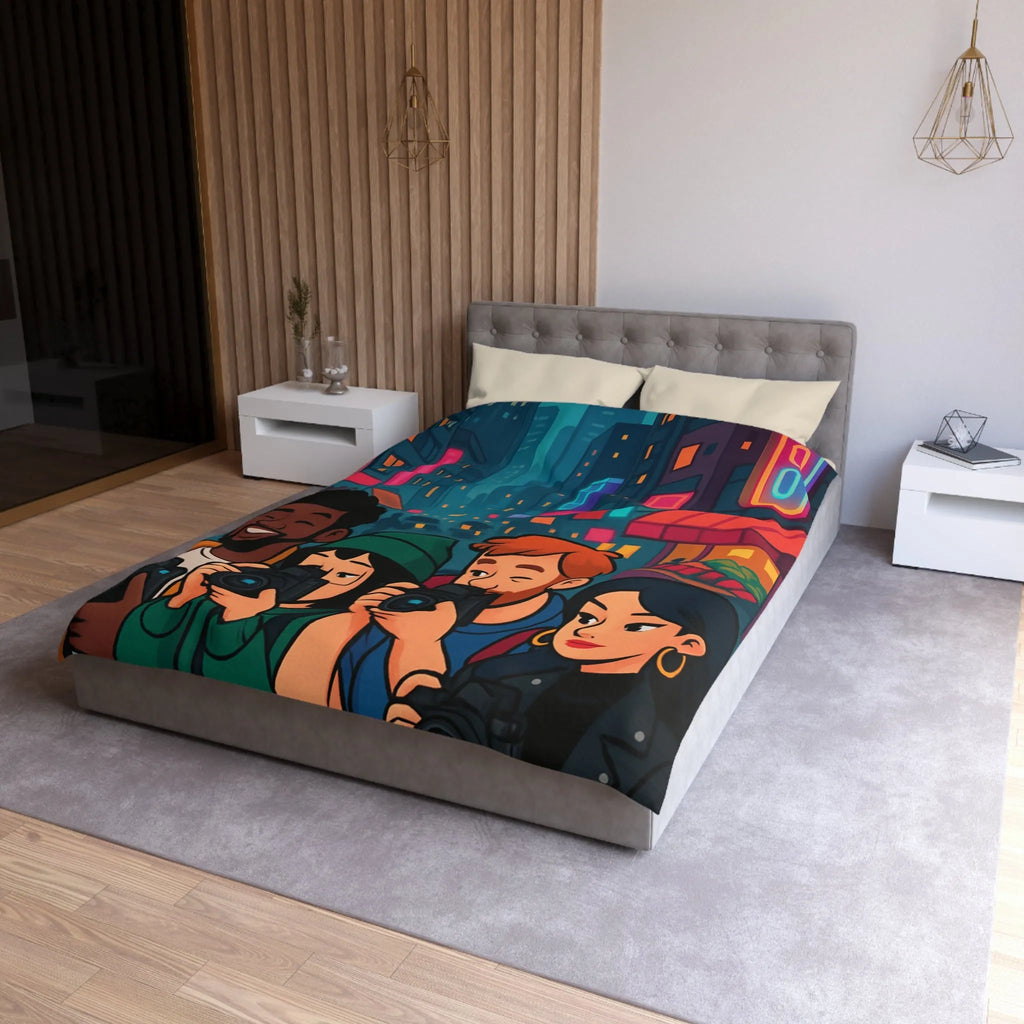 Housse de couette avec photographe urbain, design moderne et ambiance néon vibrante