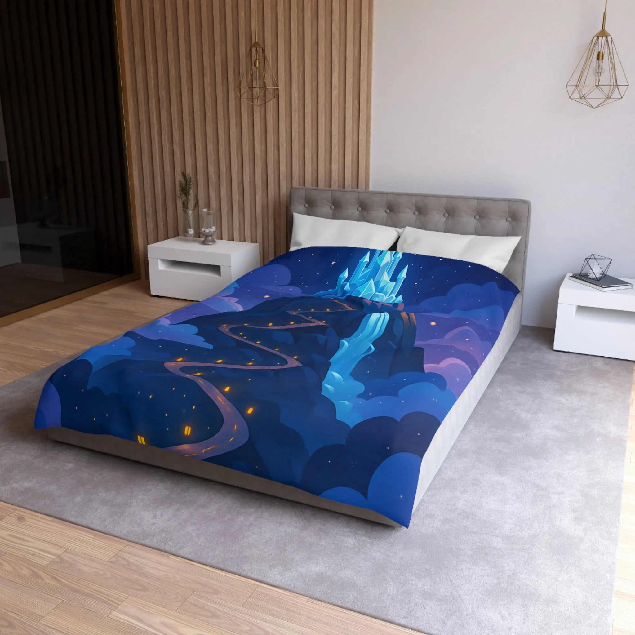 Housse de couette avec château glacé sur montagne illuminée sous ciel étoilé féerique