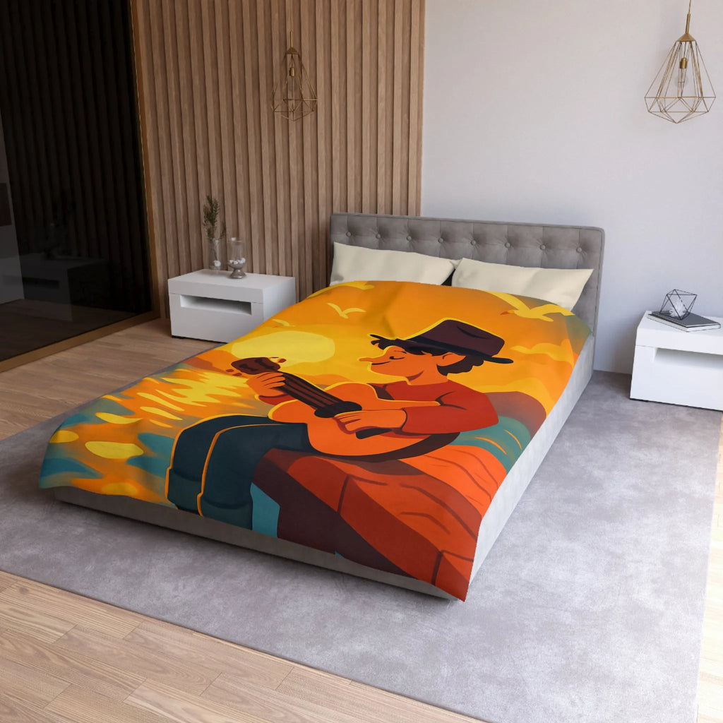 Housse de couette avec illustration relaxante d'un coucher de soleil et musicien