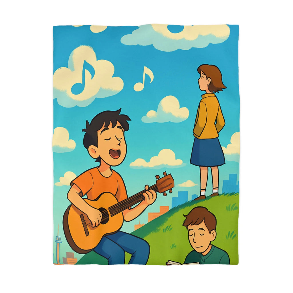 Housse de couette avec personnages chantant et lisant sur colline ensoleillée