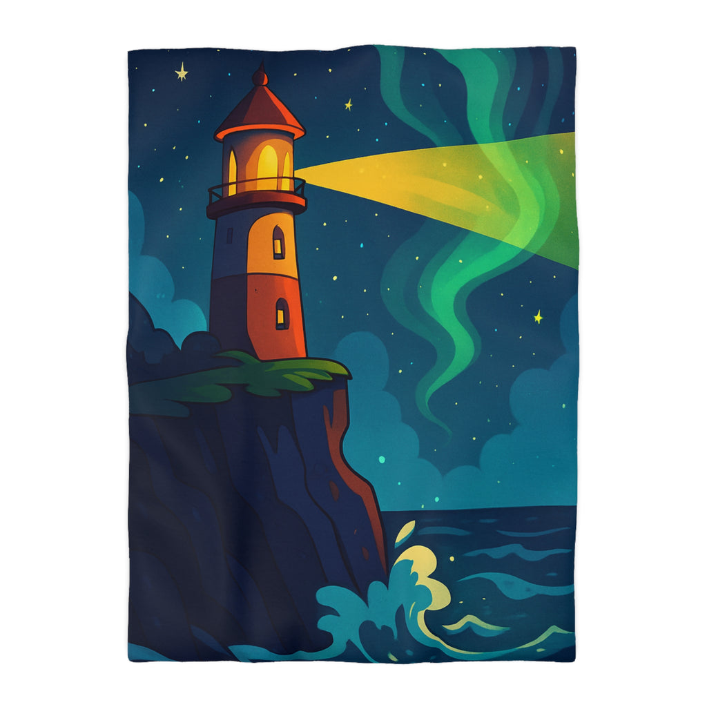 Housse de couette phare rouge illuminant océan étoilé, paysage nocturne inspirant rêve.