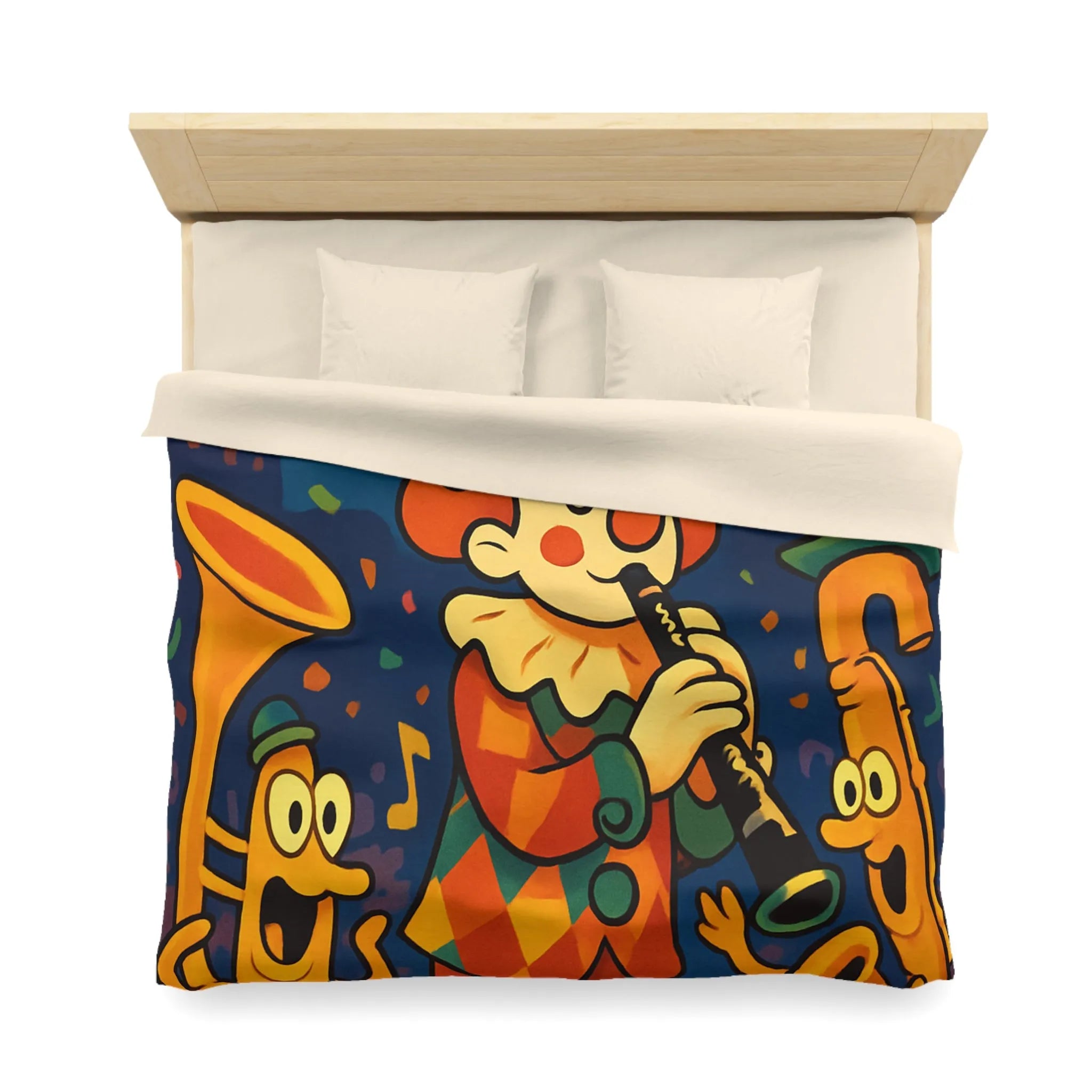 Housse de Couette Fantaisiste avec Clown et Instruments dans Parade Colorée et Lumineuse