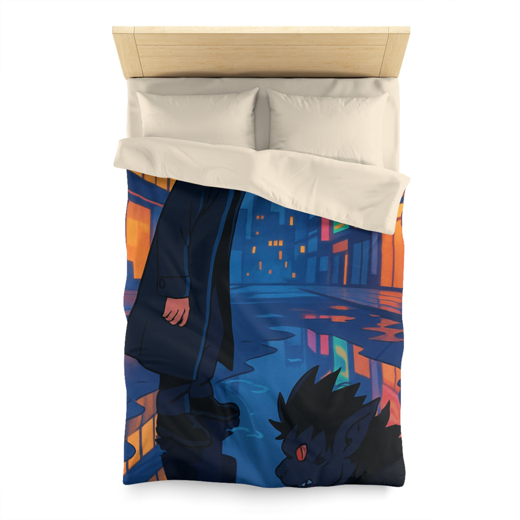 Housse de couette urbaine avec reflet mystérieux dans une rue animée la nuit