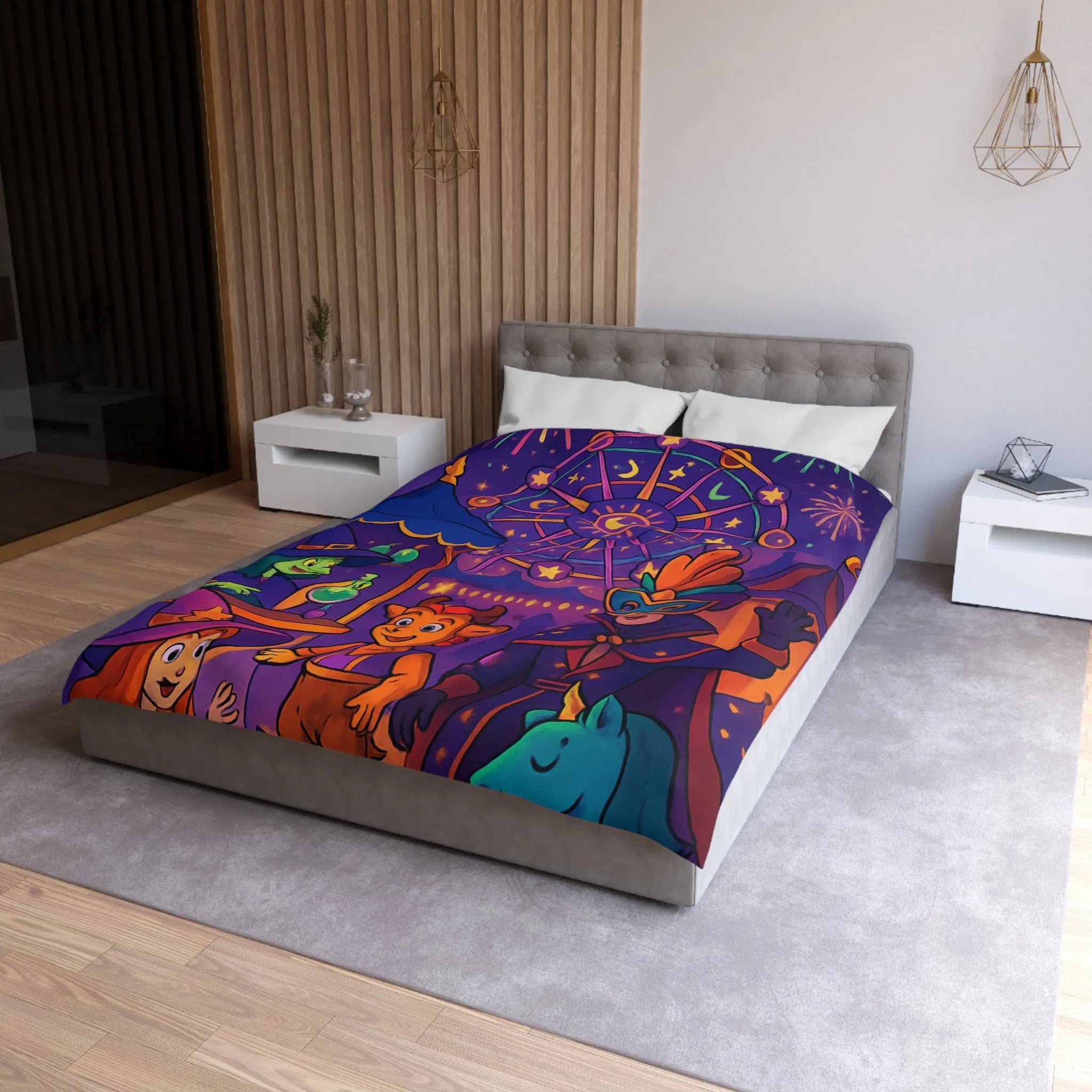 Housse de couette féerique magique avec feux d'artifice, masque et licorne bleue