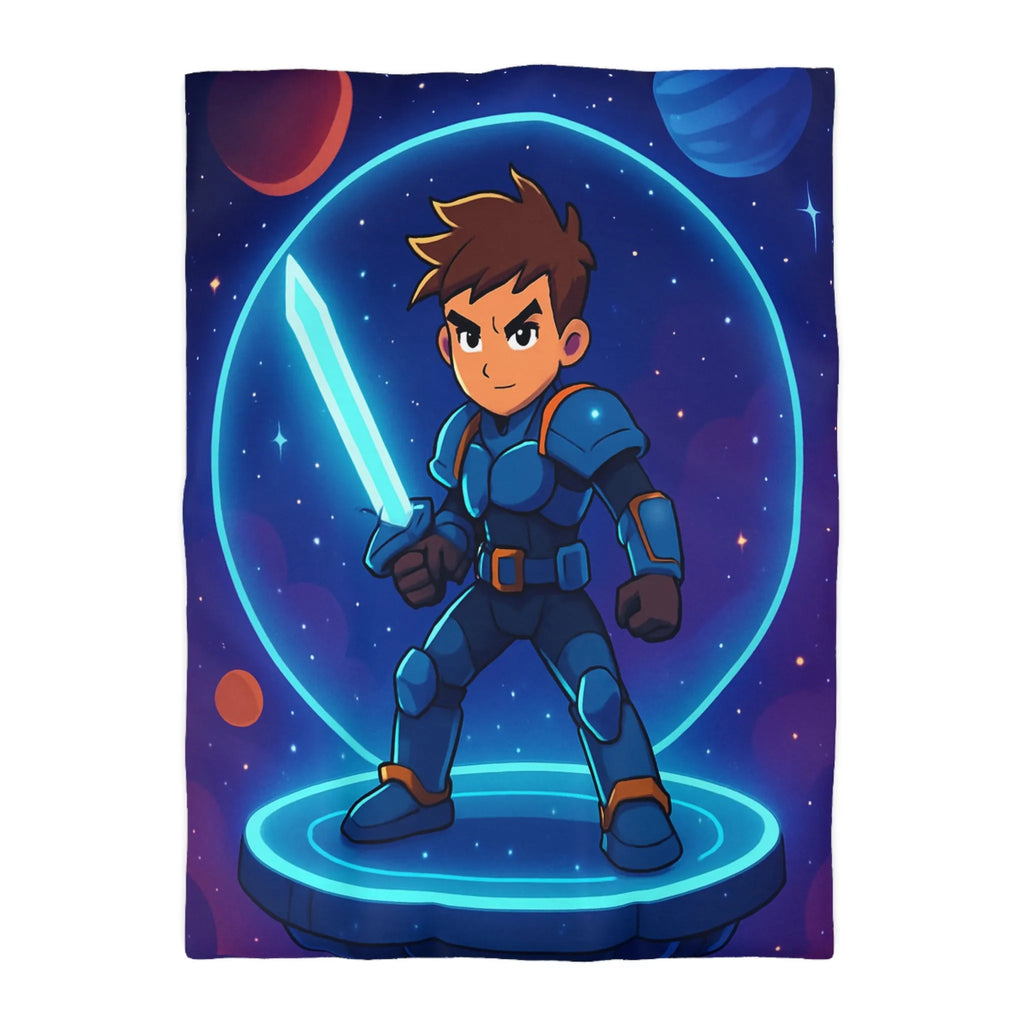 Ensemble galactique animé avec jeune héros et épée lumineuse sur fond cosmique vibrant