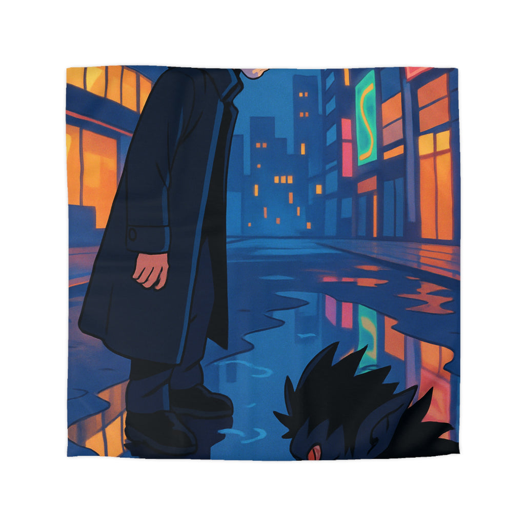 Housse de couette urbaine avec reflet mystérieux dans une rue animée la nuit