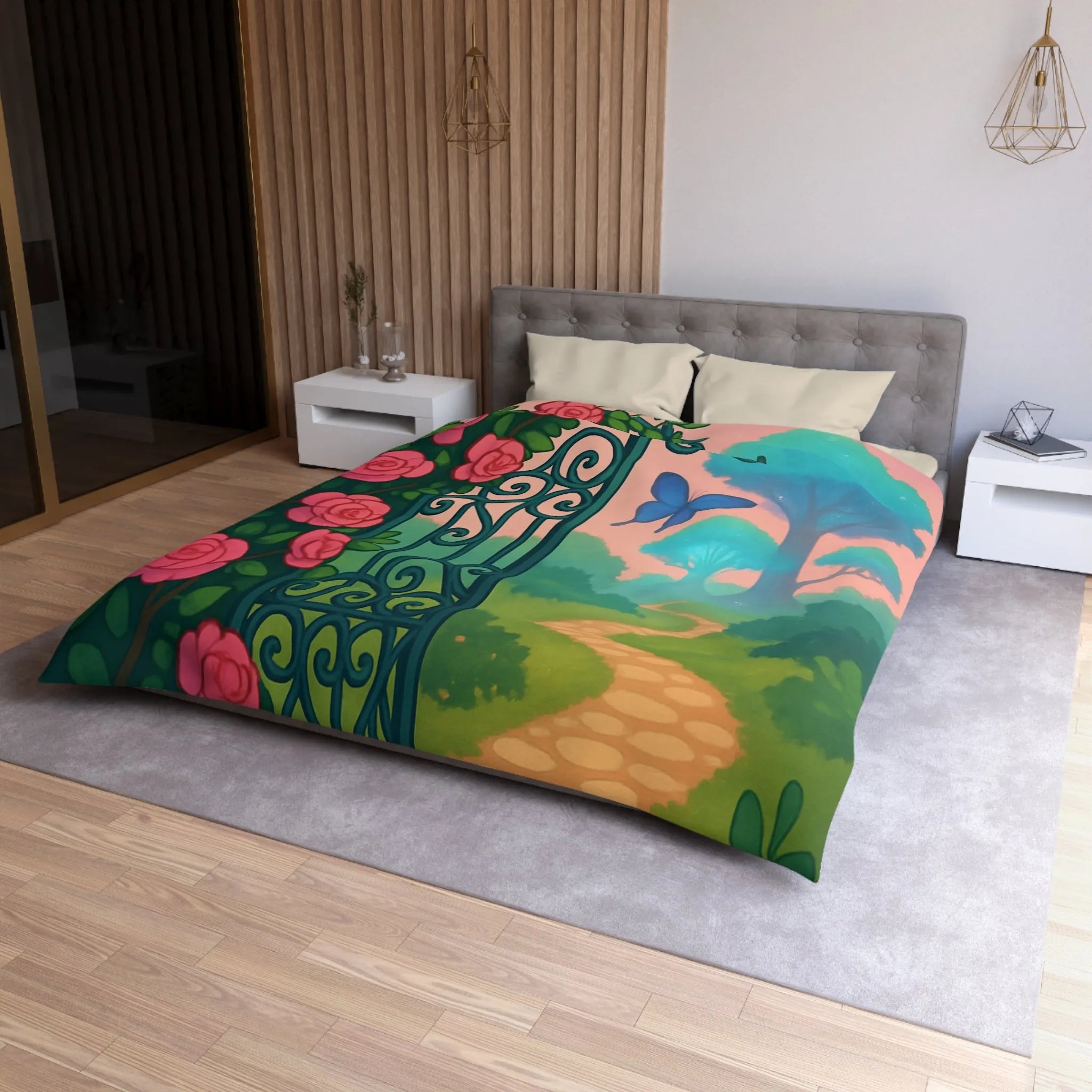 Belle housse de couette féerique avec portail fleuri et papillons colorés, jardins enchanteurs