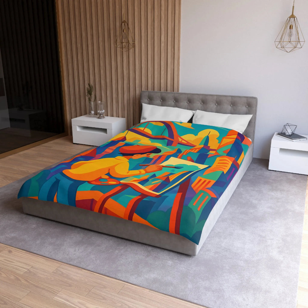 Housse de couette illustrée avec artiste et paysage urbain aux couleurs vibrantes