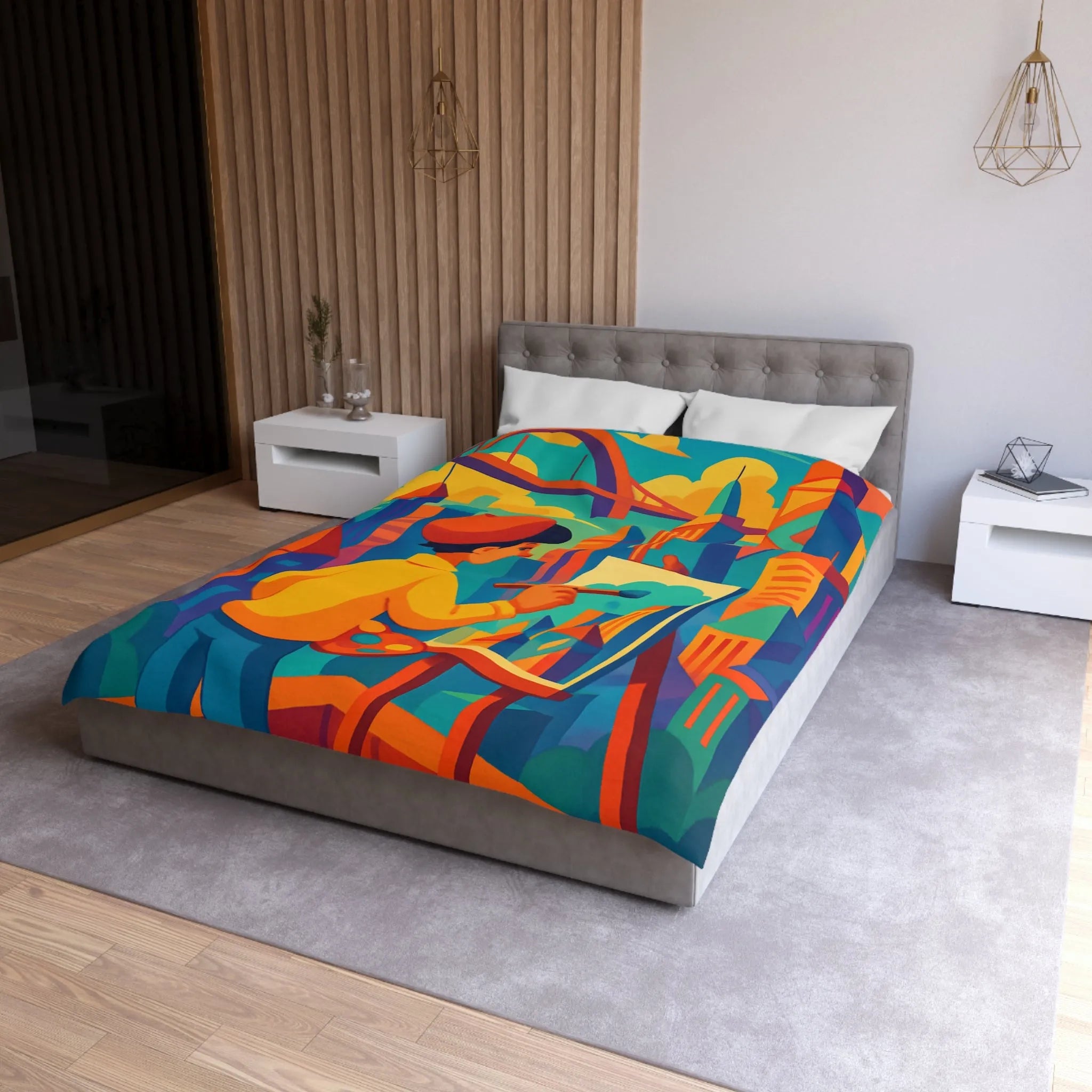 Housse de couette illustrée avec artiste et paysage urbain aux couleurs vibrantes