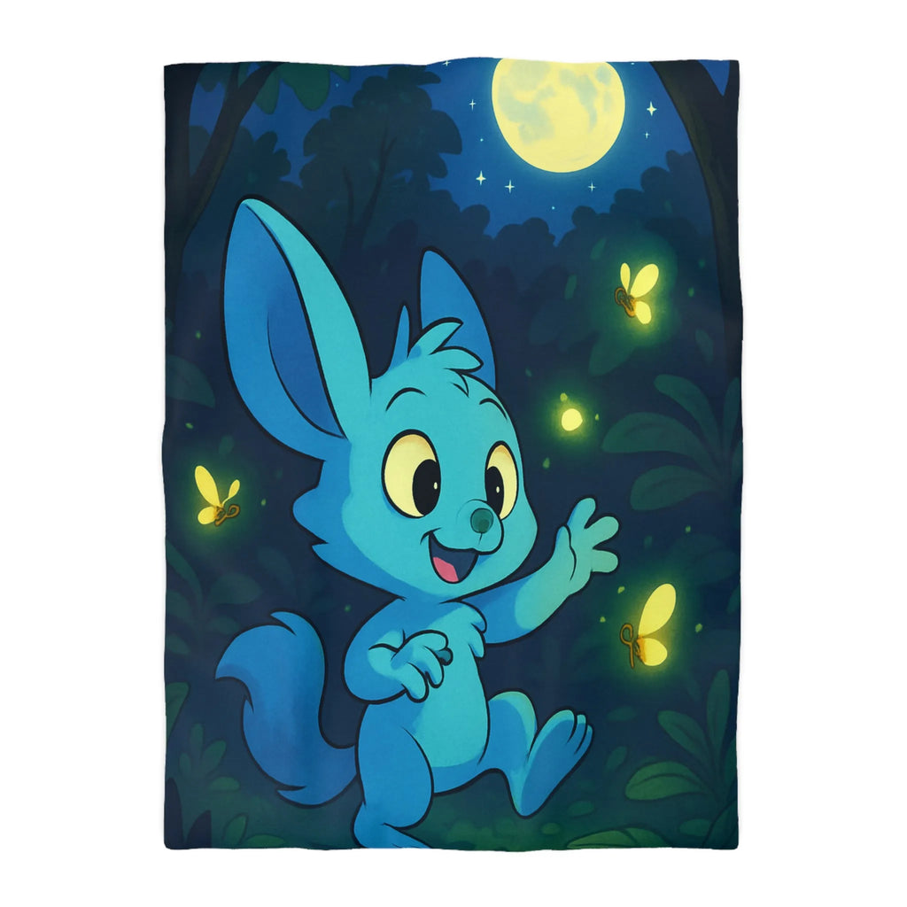 Housse de couette enfantine décorée avec lapin bleu et lucioles sous lune brillante