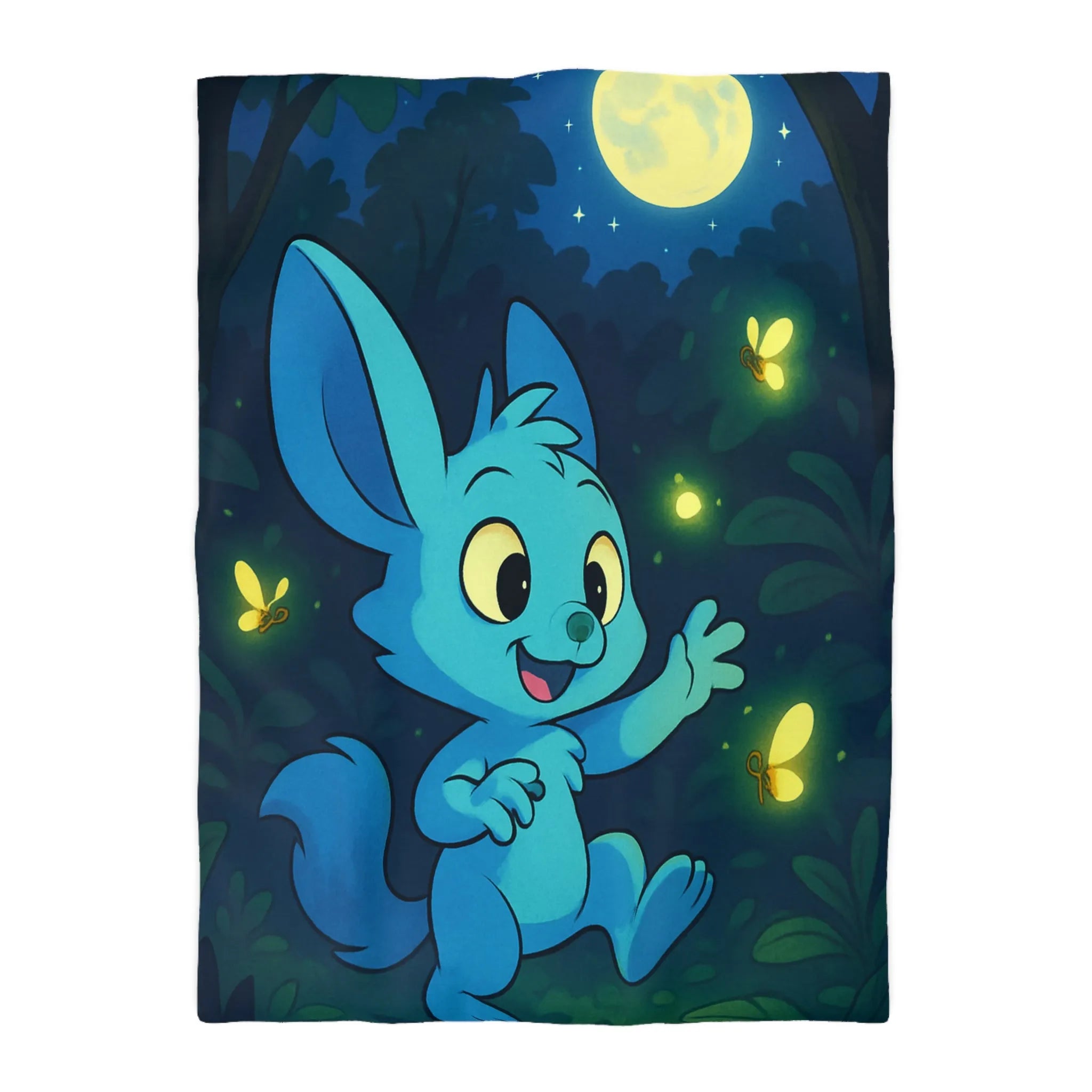 Housse de couette enfantine décorée avec lapin bleu et lucioles sous lune brillante