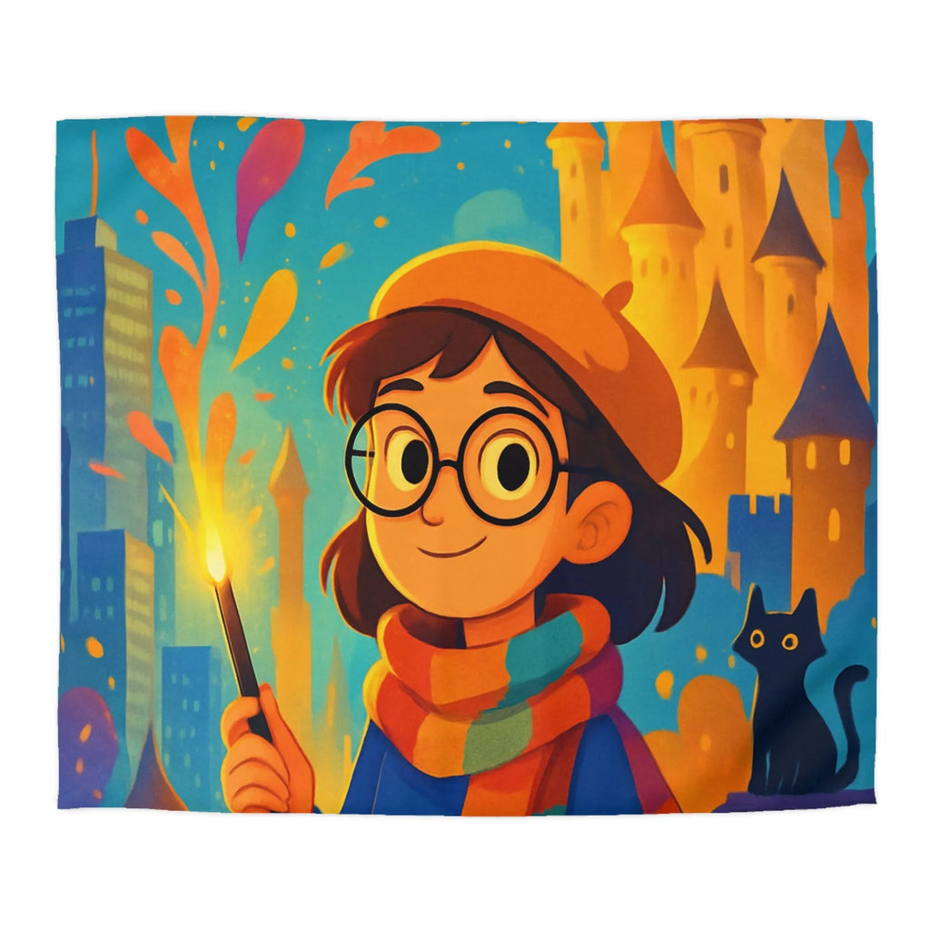 Housse de Couette Éclatante: Jeune Magicienne aux Couleurs Vives et Château Mystérieux