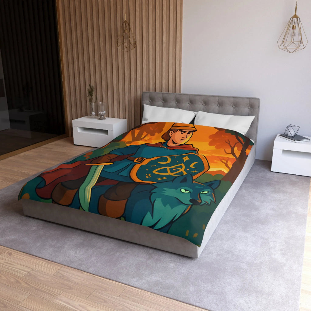 Housse de couette fantastique avec chevalier médiéval et loup dans forêt enchantée vibrante