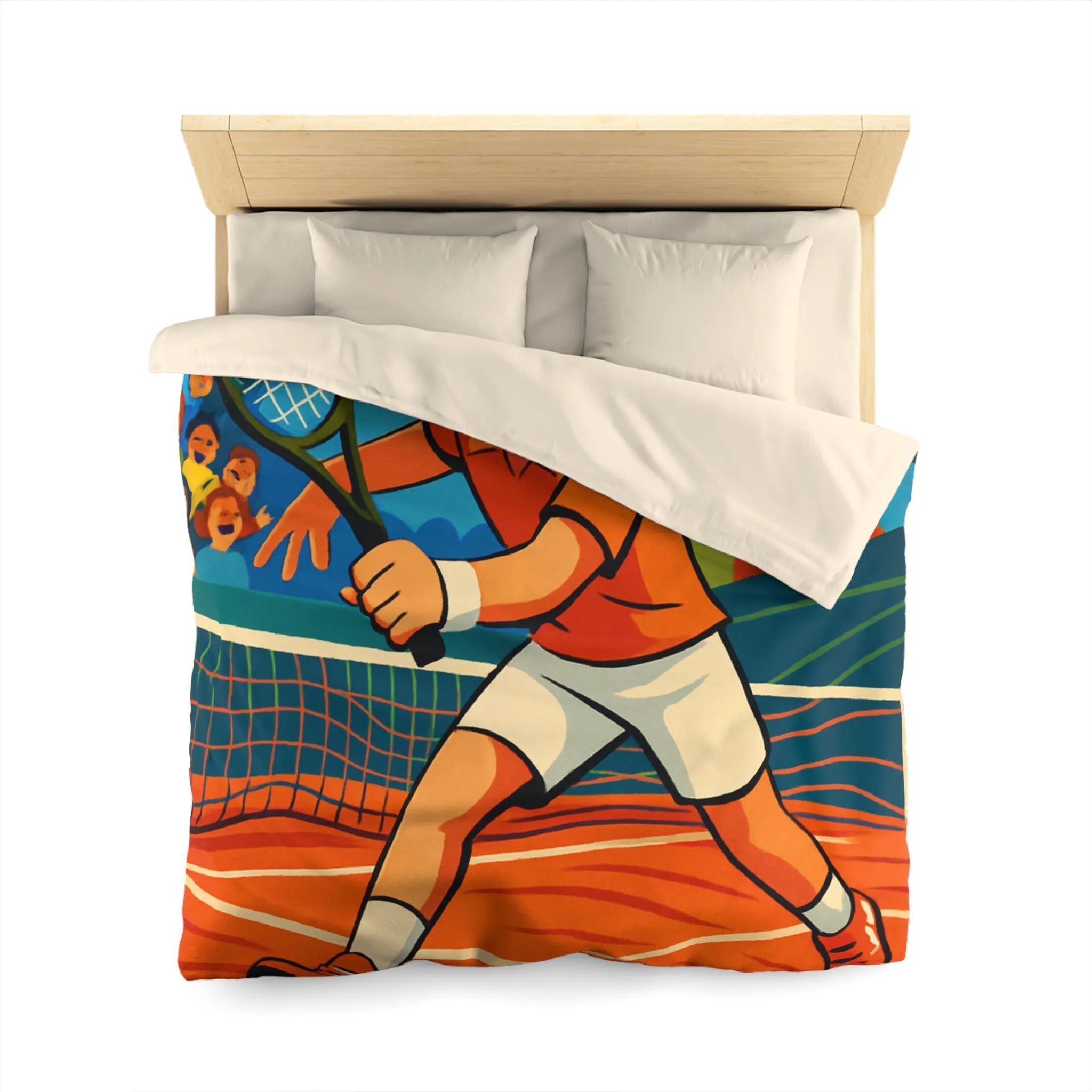 Dessin Animé Joueur de Tennis Dynamique en Action sur Court avec Public Enthousiaste