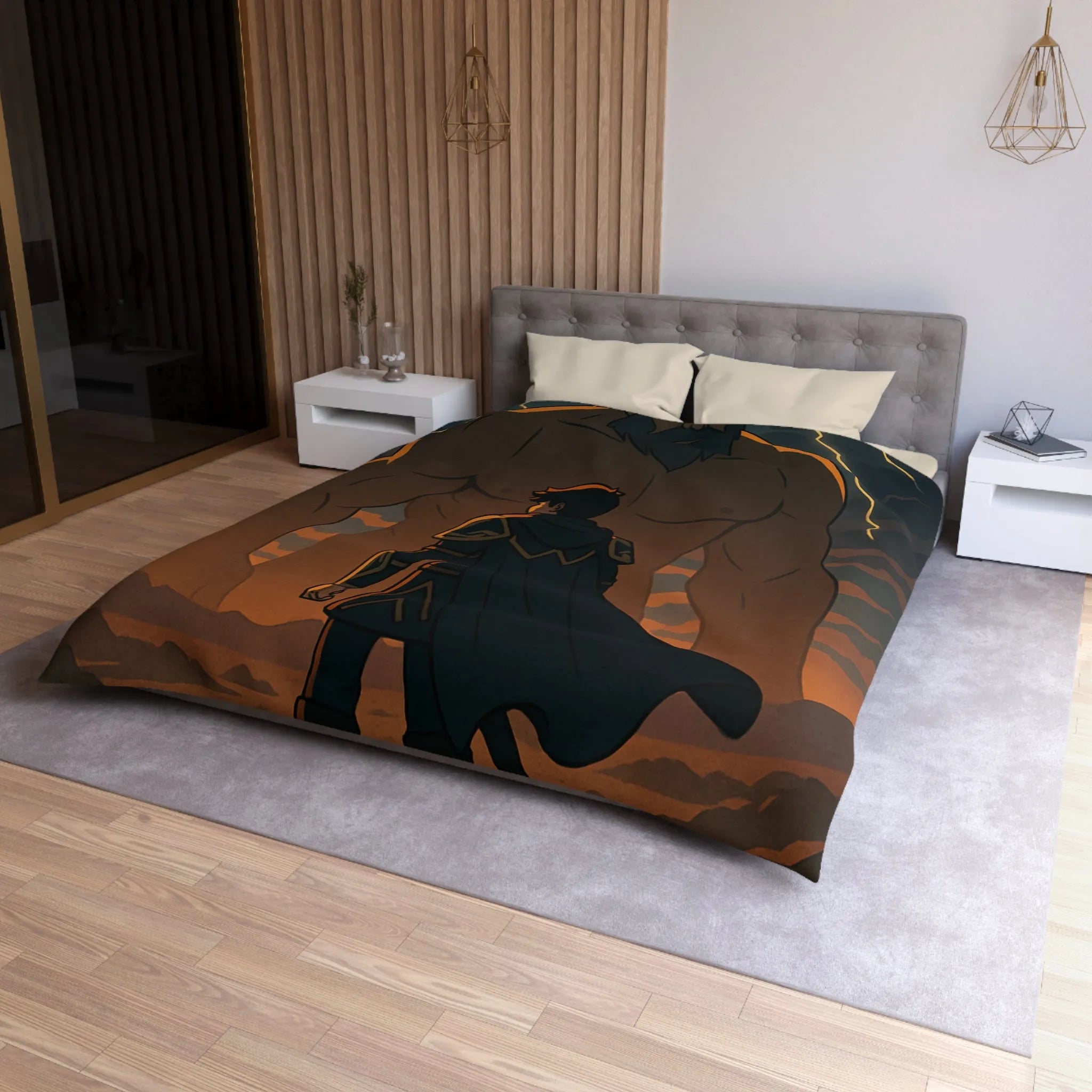 Housse de couette épique avec guerrier et géant sous orage électrique dramatique