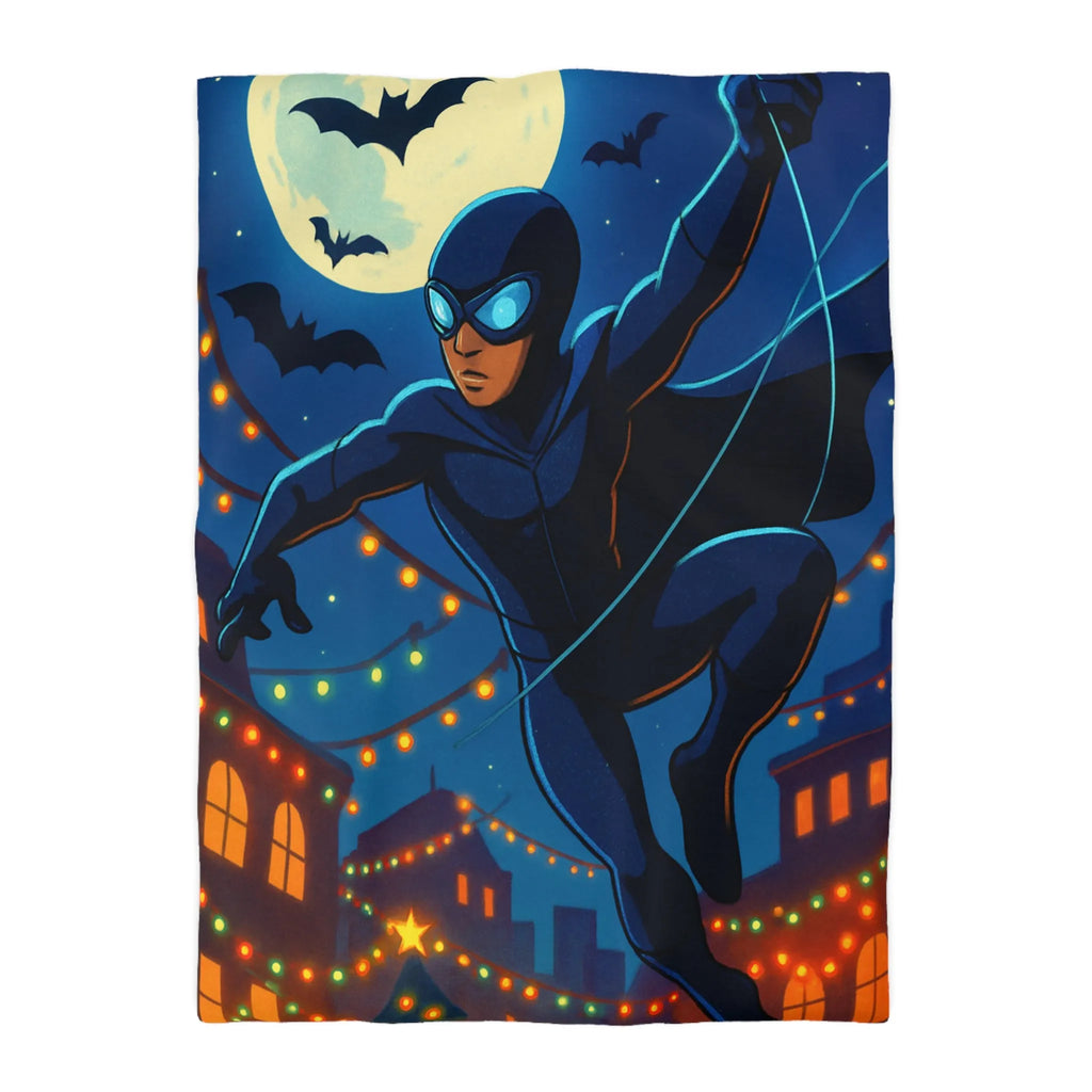 Housse de couette avec héros nocturne, ciel étoilé et décorations festives lumineuses