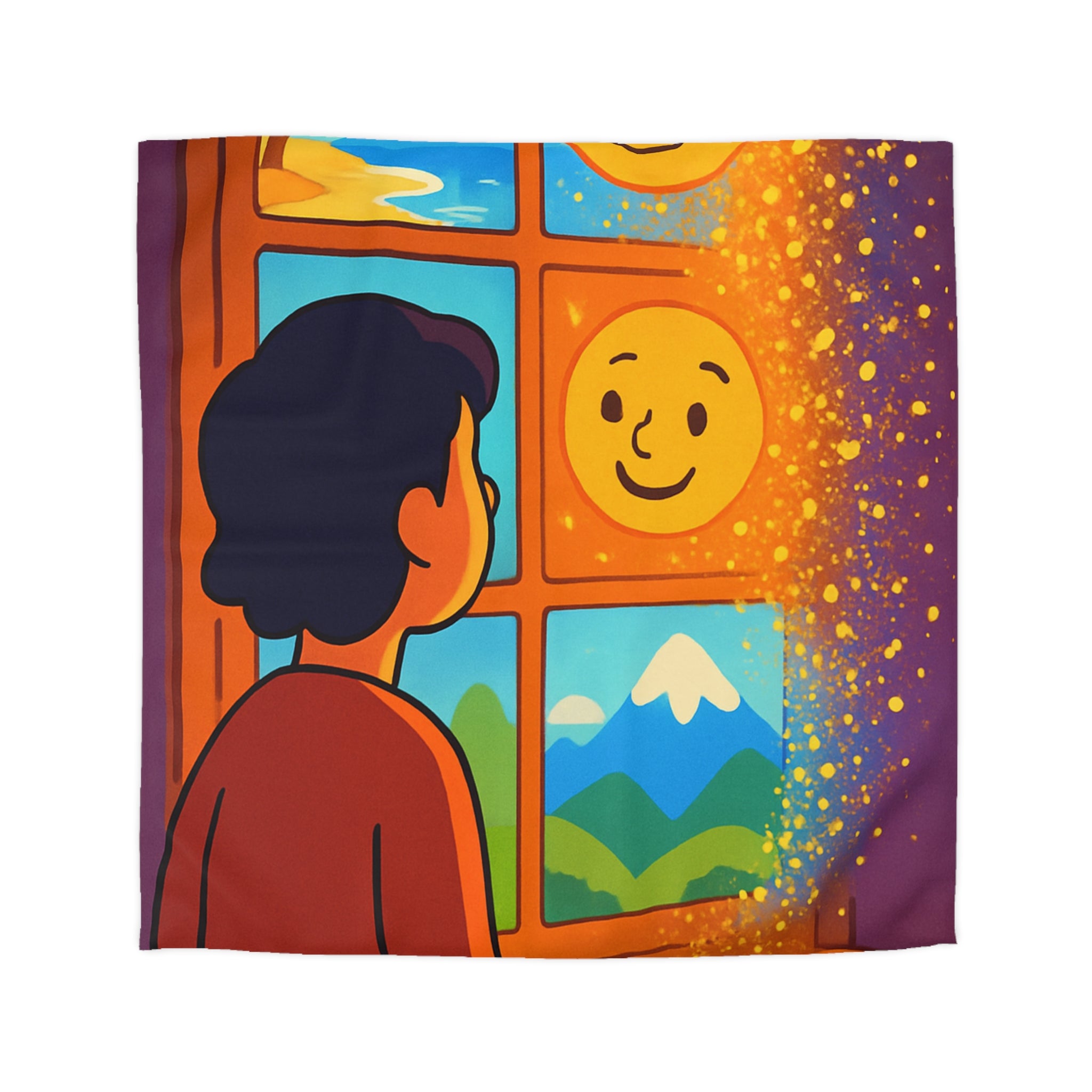 Housse de couette soleil souriant fenêtre enfant paysage tropical joyeux spectacle magique