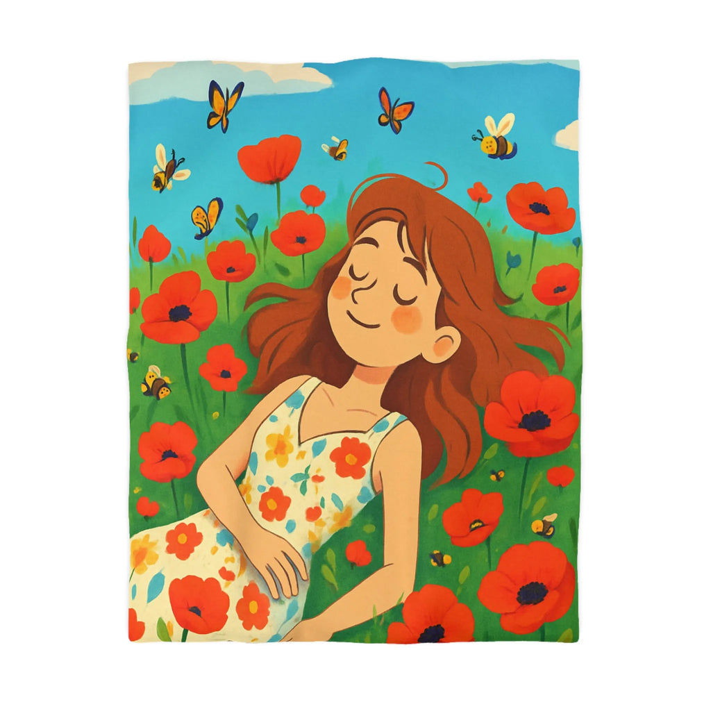 Housse de couette colorée avec motif floral et personnage rêveur en été ensoleillé