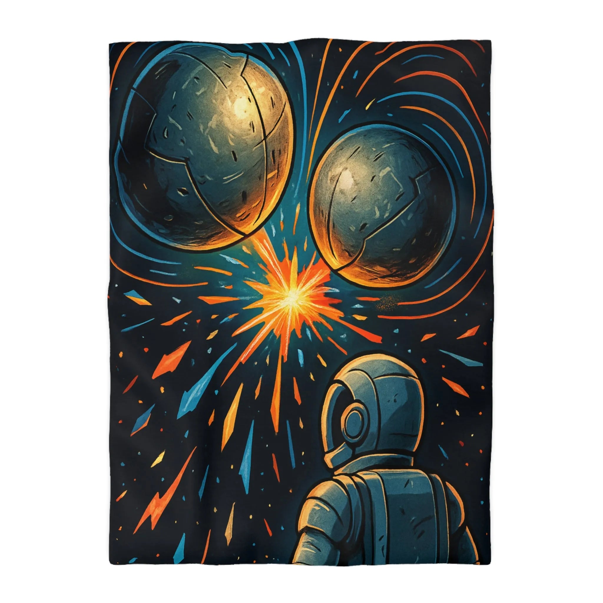 Décorative housse de couette espace cosmique avec astronaute et sphères lumineuses métalliques