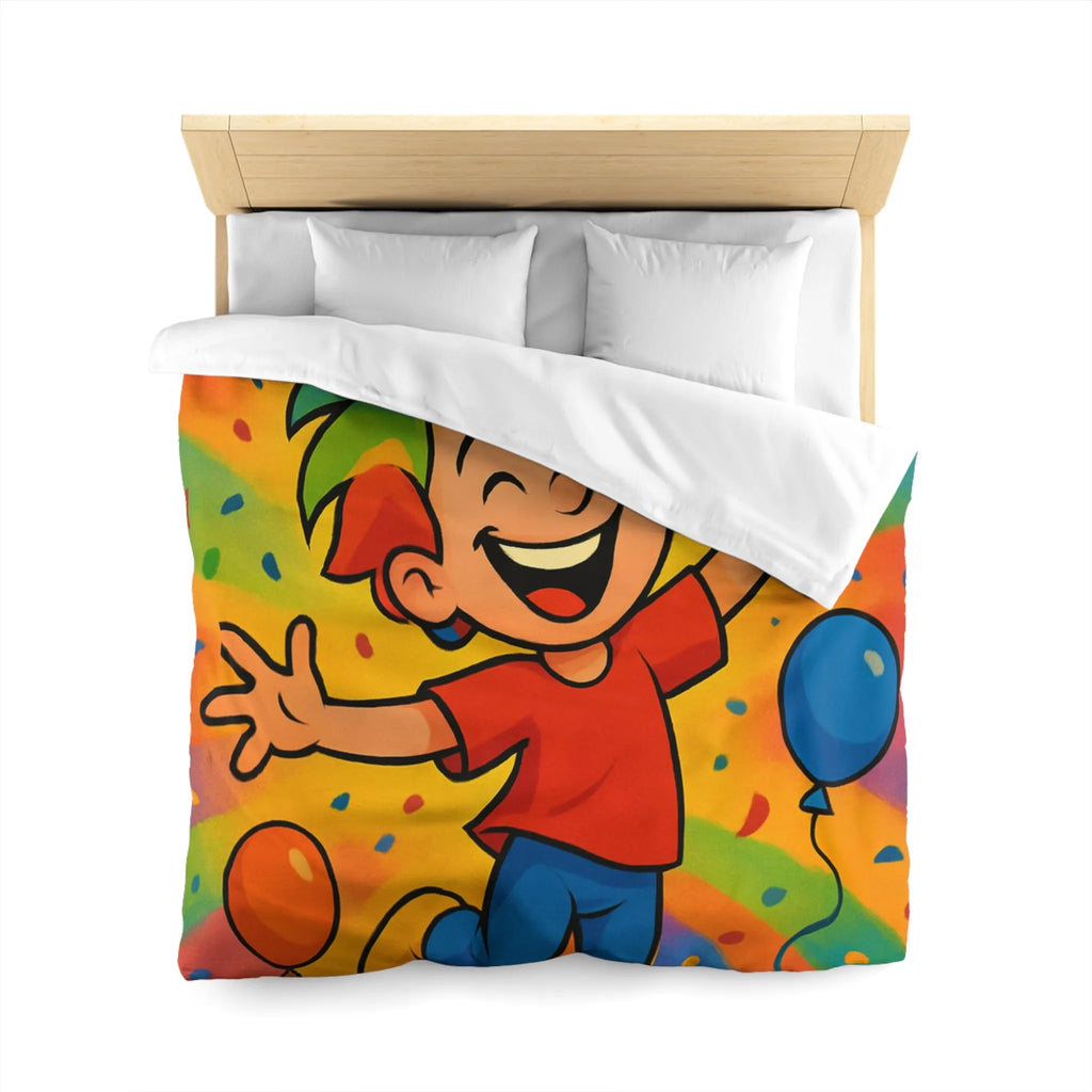 Housse de couette colorée avec enfant joyeux et ballons arc-en-ciel, ambiance festive