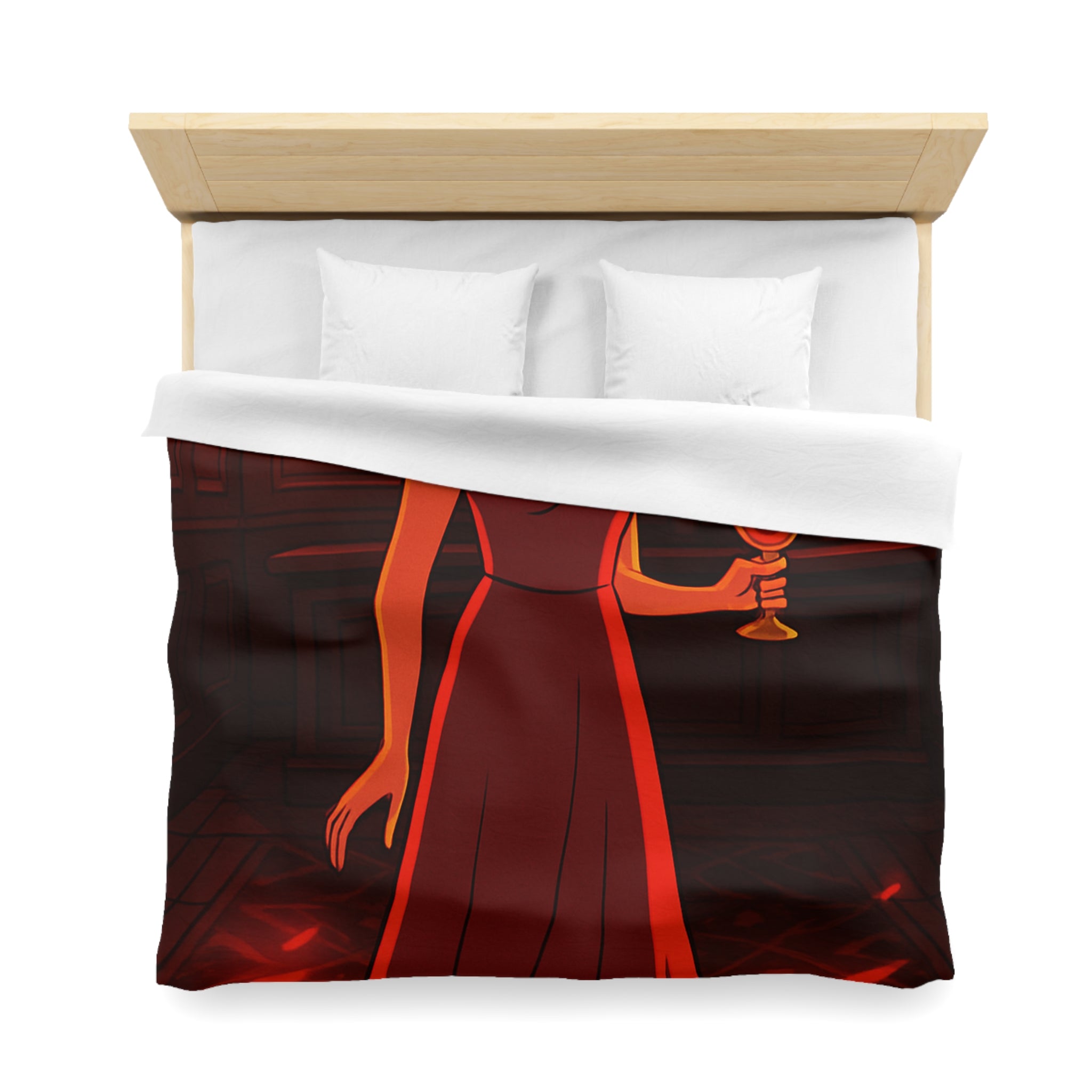 Housse de couette rouge élégante avec motif femme et reflets lumineux mystérieux